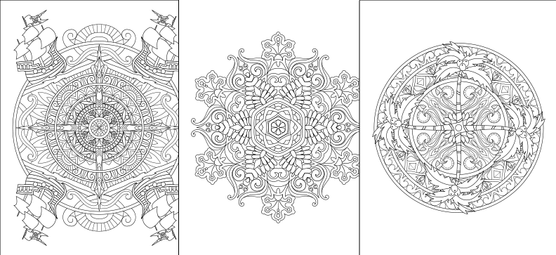 three intricate, symmetrical mandala designs, each with a unique and elaborate pattern. The mandala designs are arranged in a row, showcasing the artist's skill and creativity in creating these visually appealing and detailed patterns.