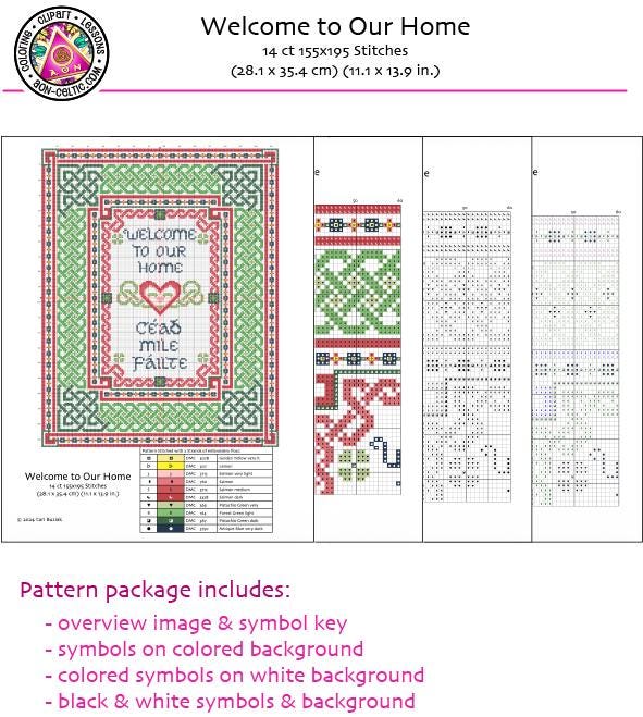 The image is a welcome to our home cross-stitch pattern package that includes an overview image and symbol key, symbols on colored background, colored symbols on white background, black and white symbols, and a color guide.