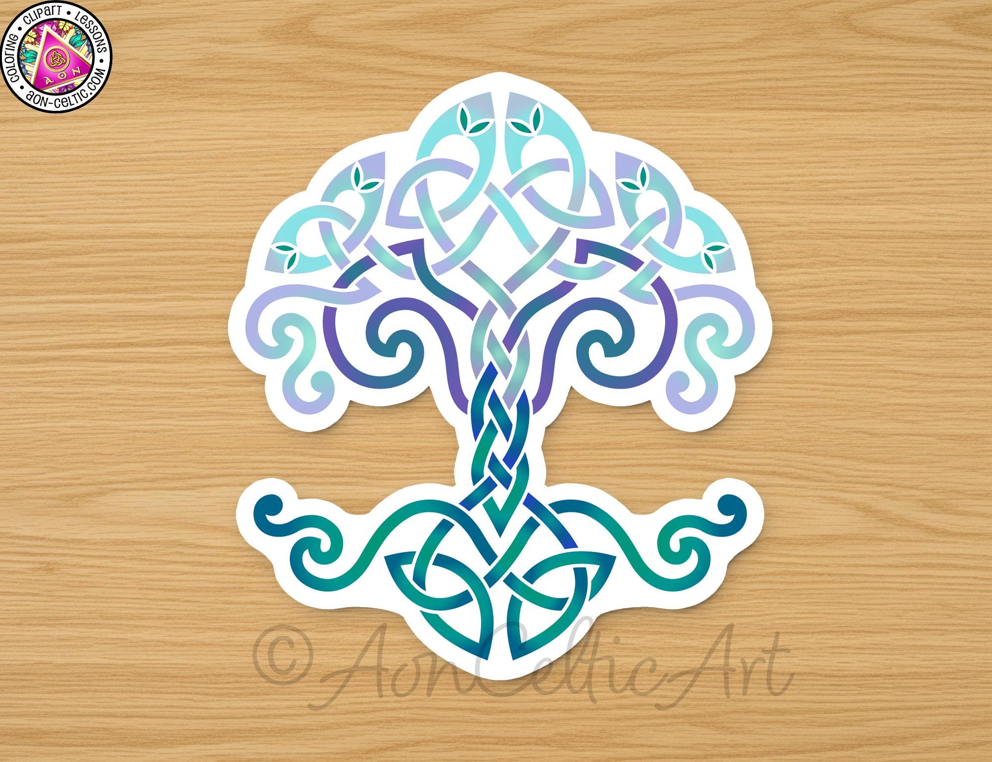 A stylized tree design with intricate patterns and swirls in shades of blue, green, and purple, set against a wooden background.