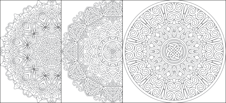 a set of three coloring pages with intricate designs
