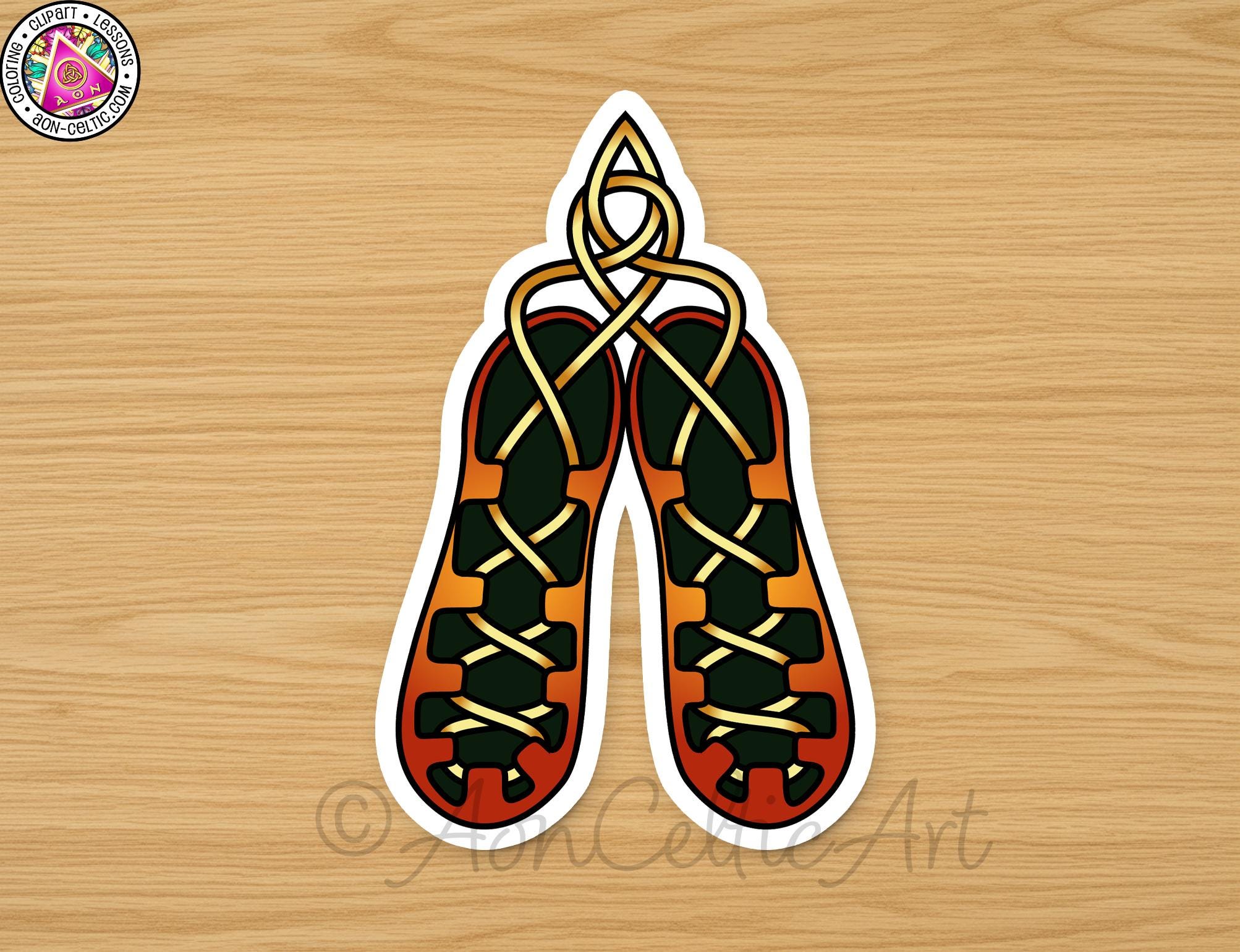 A sticker depicting a pair of traditional Irish dancing shoes with intricate laces and a distinctive design.