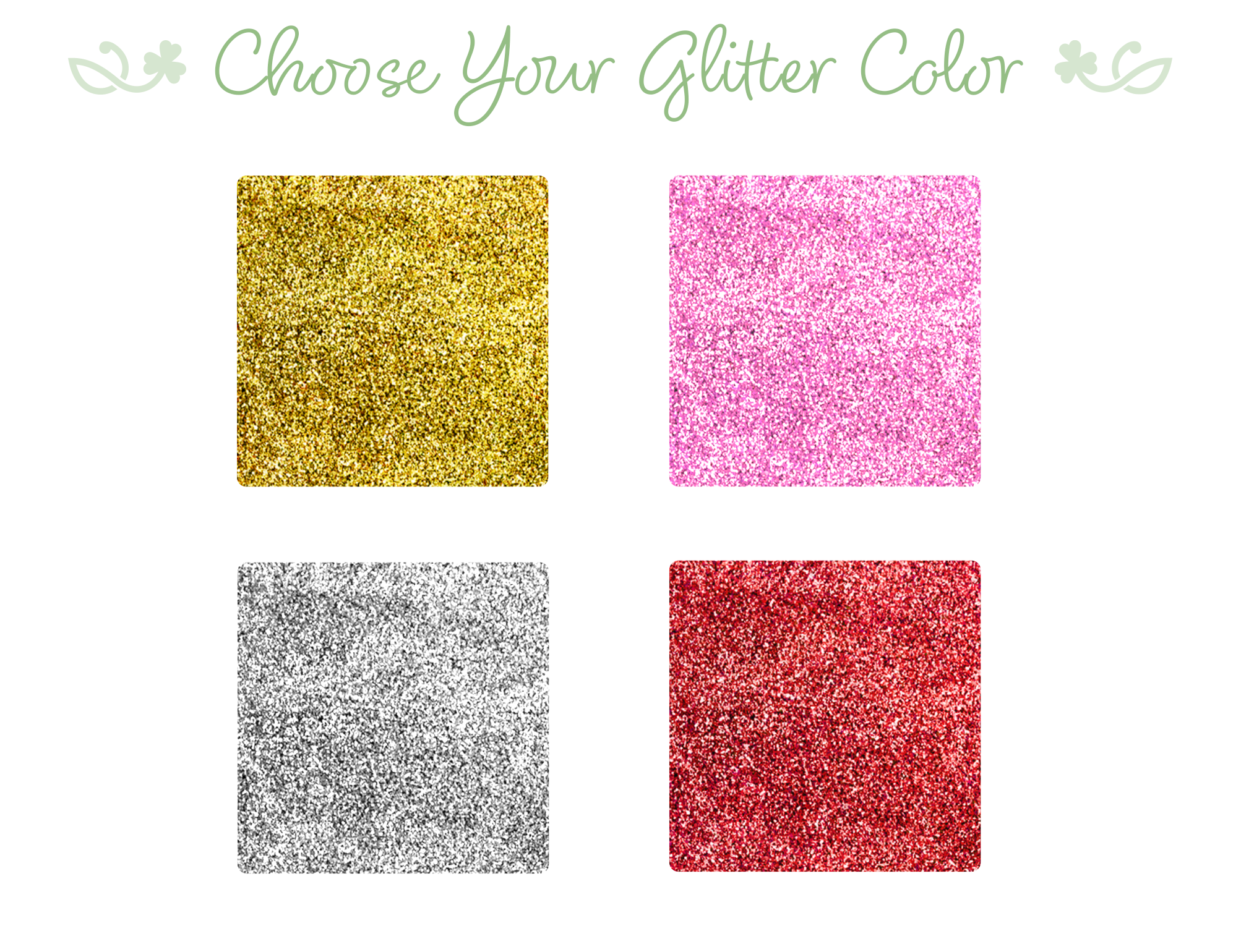 four square glitter squares in different colors: gold, pink, silver, and red.