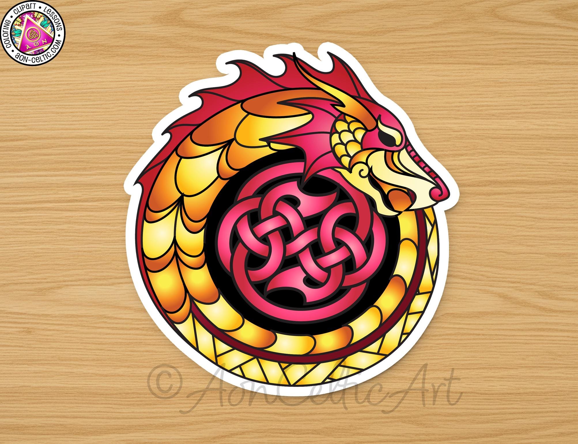 A sticker depicting a colorful dragon with a Celtic knot design.