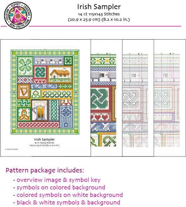 The image is a detailed cross-stitch pattern for an Irish Sampler, which is a type of quilt pattern. The pattern includes various symbols and designs, such as crosses, shamrocks, and geometric shapes, arranged in a colorful and intricate manner. The package also includes a color key, symbols on a colored background, colored symbols on a white background, and black and white symbols and a background.