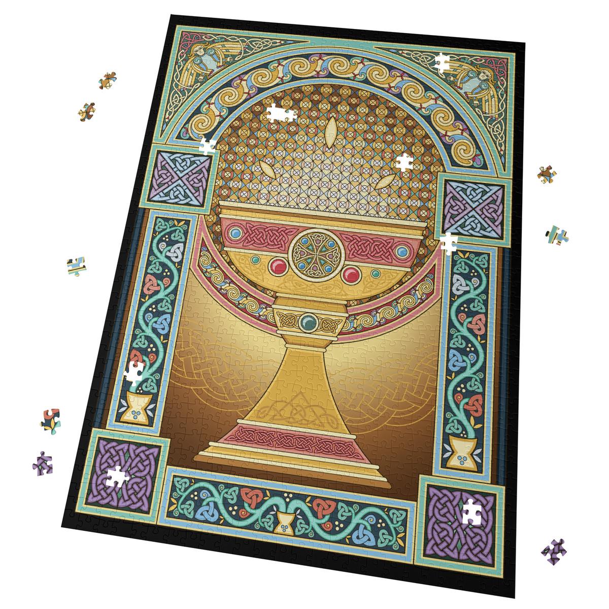 The image is a colorful and intricate puzzle depicting a golden chalice with ornate designs and patterns surrounding it.