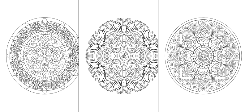a set of three coloring pages with different designs