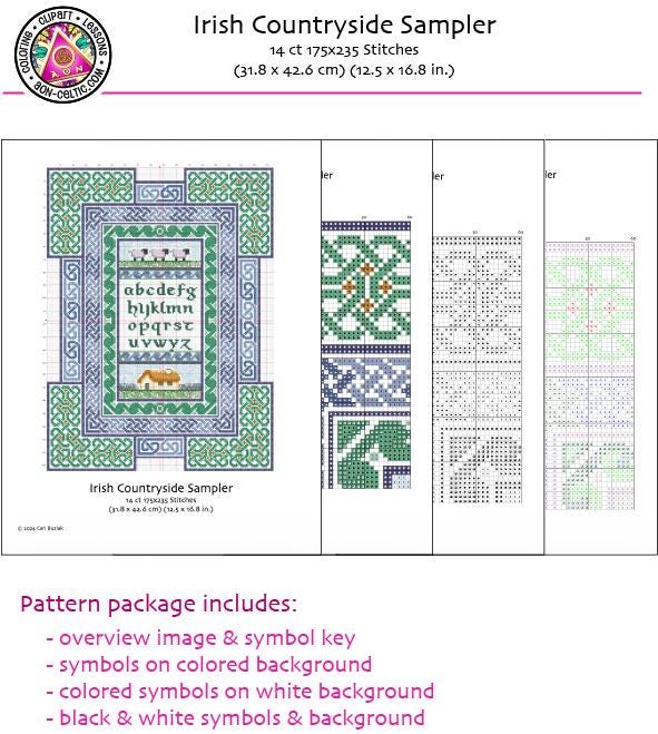 The image is a detailed cross-stitch sampler of the Irish Countryside Sampler, featuring various patterns and symbols in different colors and backgrounds. The sampler includes a key, symbols, and colored backgrounds, as well as black and white symbols and a colored background.