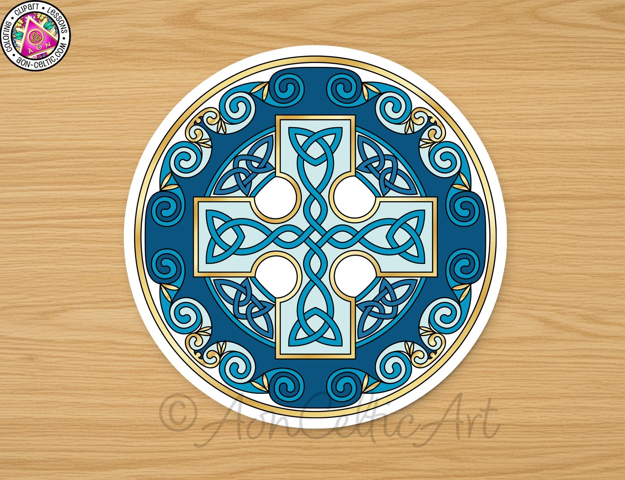 a circular design with intricate blue and gold patterns, including swirls and a cross motif.