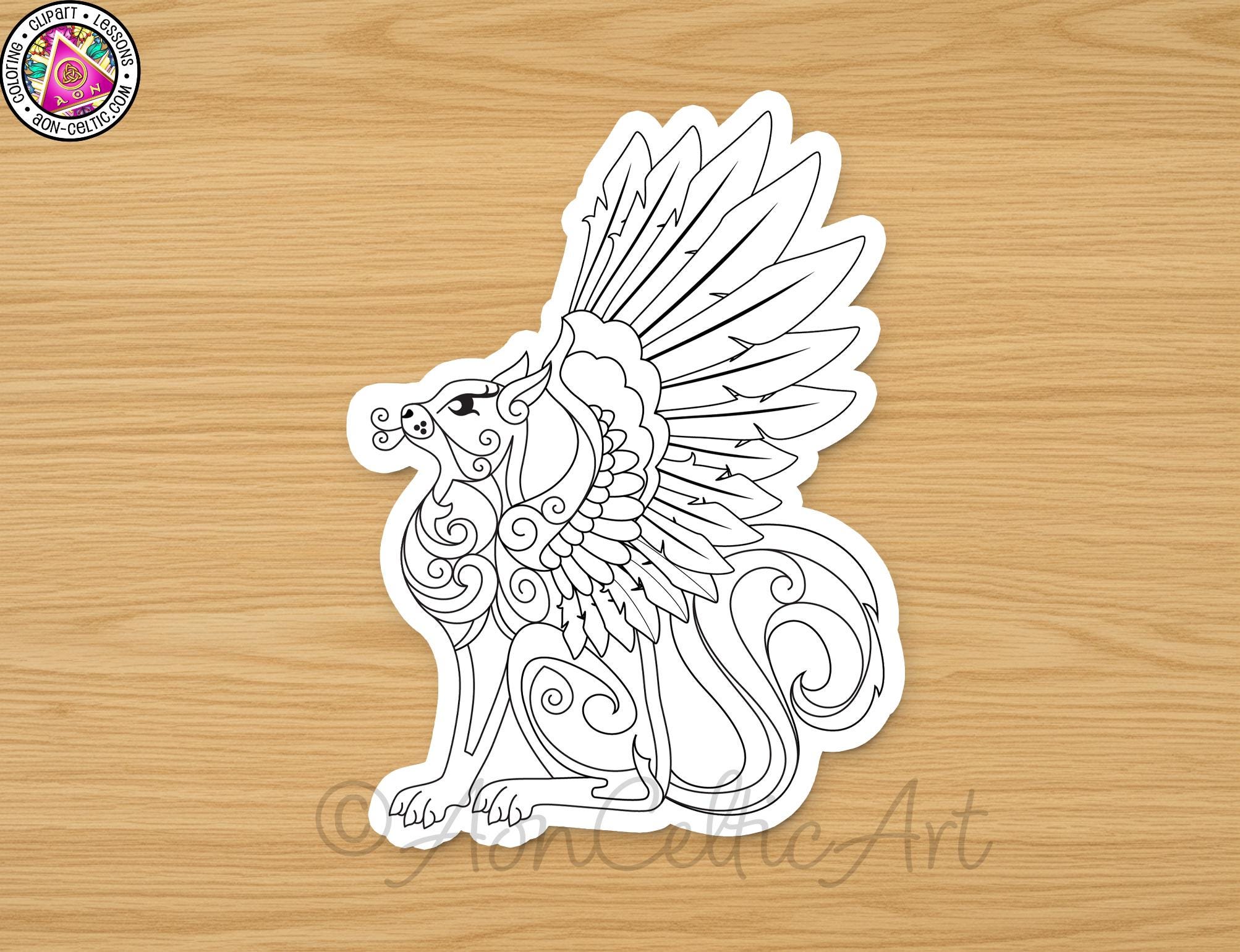 A black and white illustration of a winged creature with intricate, swirling patterns on its wings and tail.