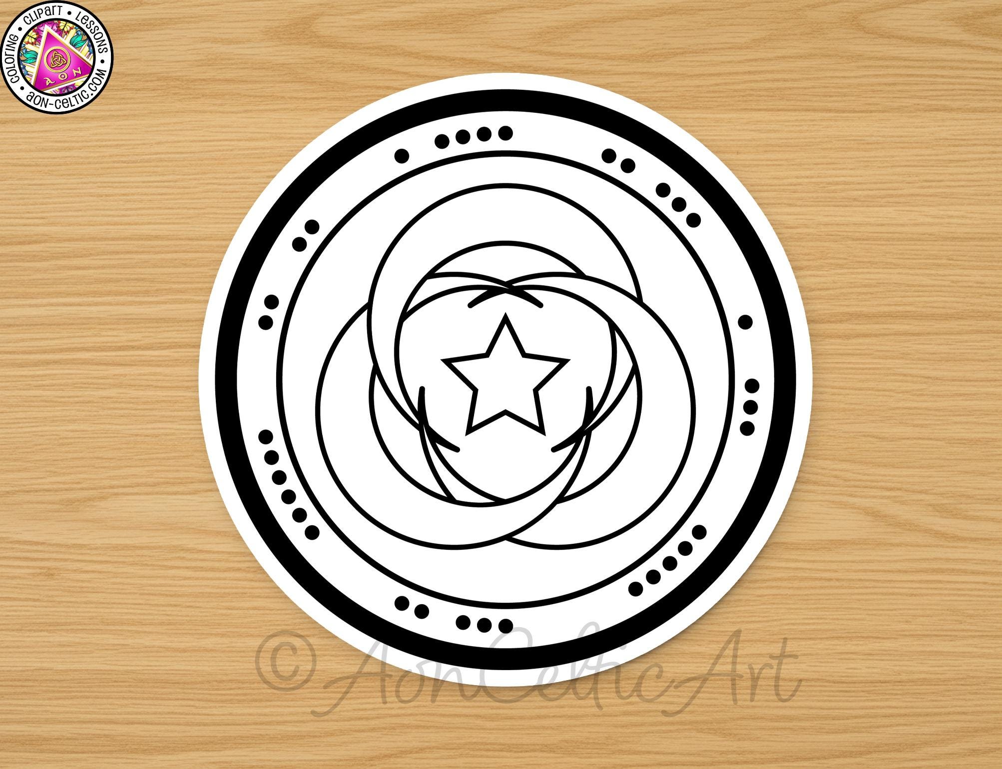 A circular design with a star at its center, surrounded by concentric circles, all set against a wooden background.