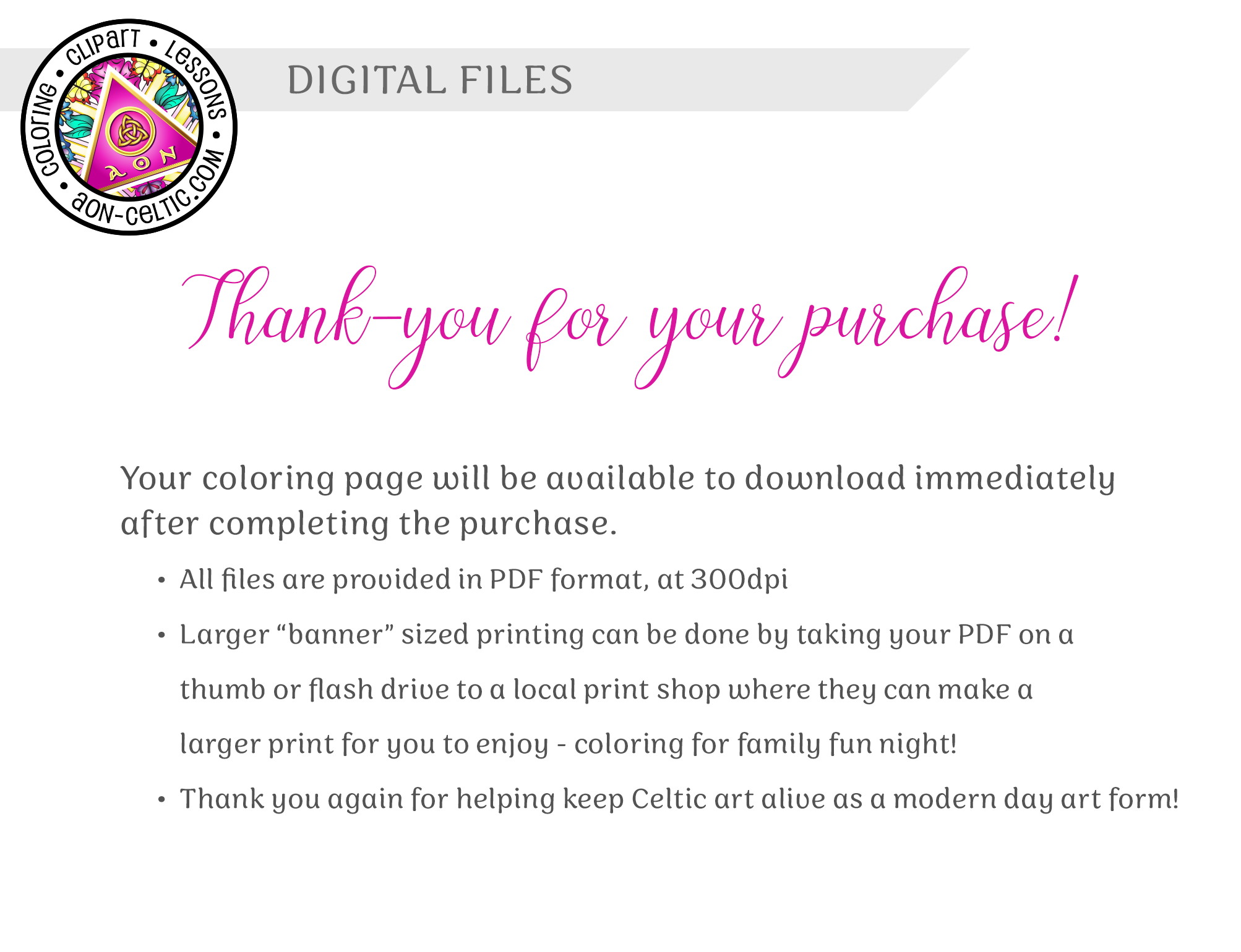 a white poster with a pink ribbon and the words thank you for your purchase