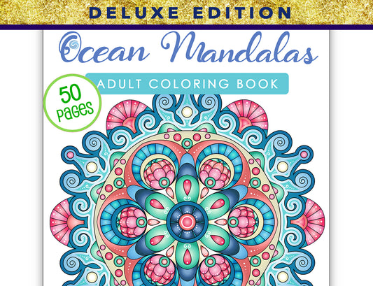 The image is an advertisement for an adult coloring book called "Ocean Mandalas". It features a large, intricate mandala design with various colors and patterns, including shades of blue, pink, and green. The book is described as a "Deluxe Edition" and has "50 Pages" of coloring pages, suggesting it is a comprehensive coloring book for adults.