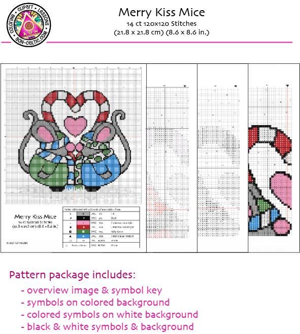 The image is a cross-stitch pattern for a &quot;Merry Kiss Mice&quot; design. It includes a key, symbols, and a colored background. The package also includes an overview image and a colored background.