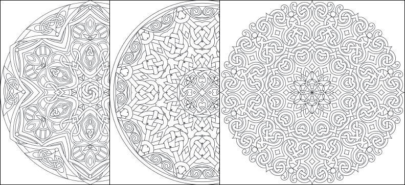 a set of three coloring pages with intricate designs