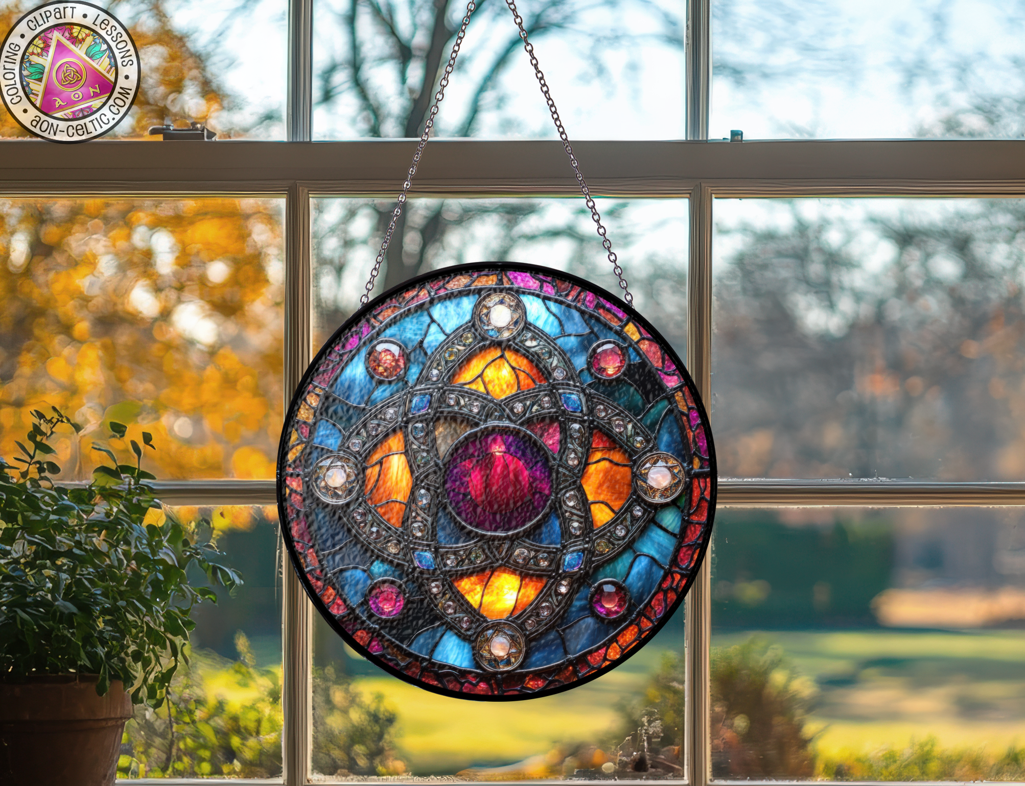 a stained glass sun catcher hanging from a window