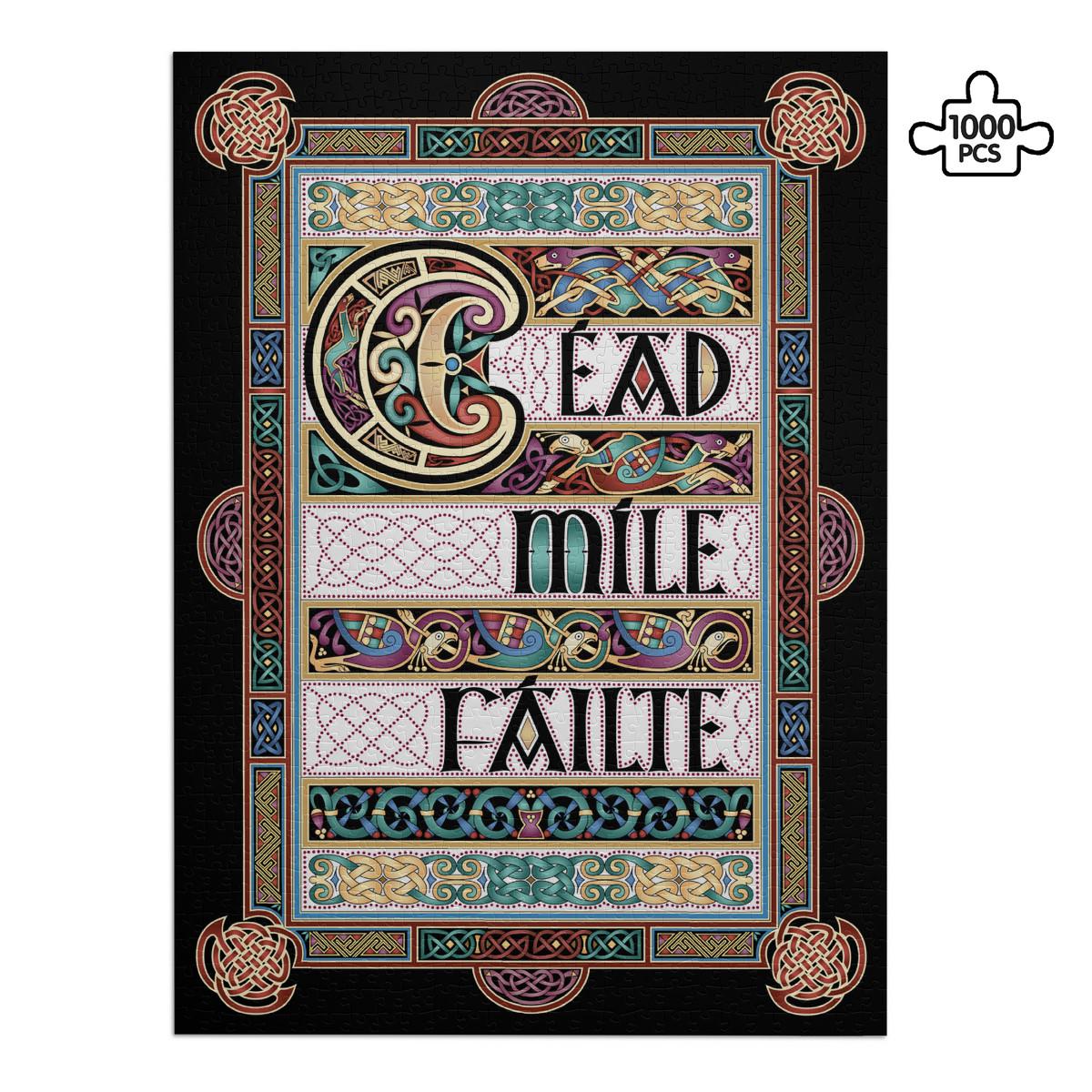 The image is a colorful, intricate, and ornate piece of art featuring a large, decorative letter "C" surrounded by various patterns and designs. The text "CED MÁEID FÉAÍLÉ" is prominently displayed in the center of the image.