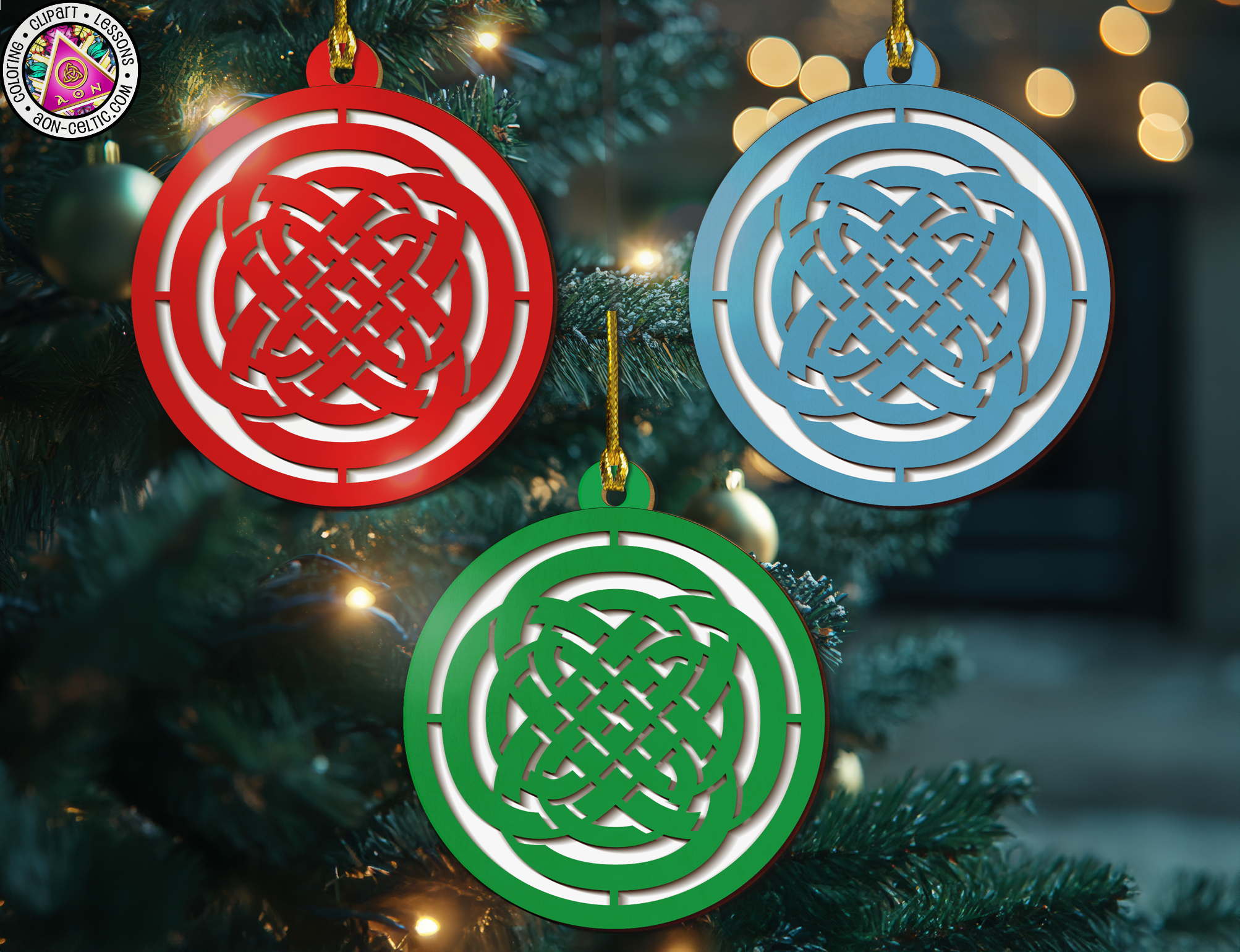 three ornaments hanging from a christmas tree
