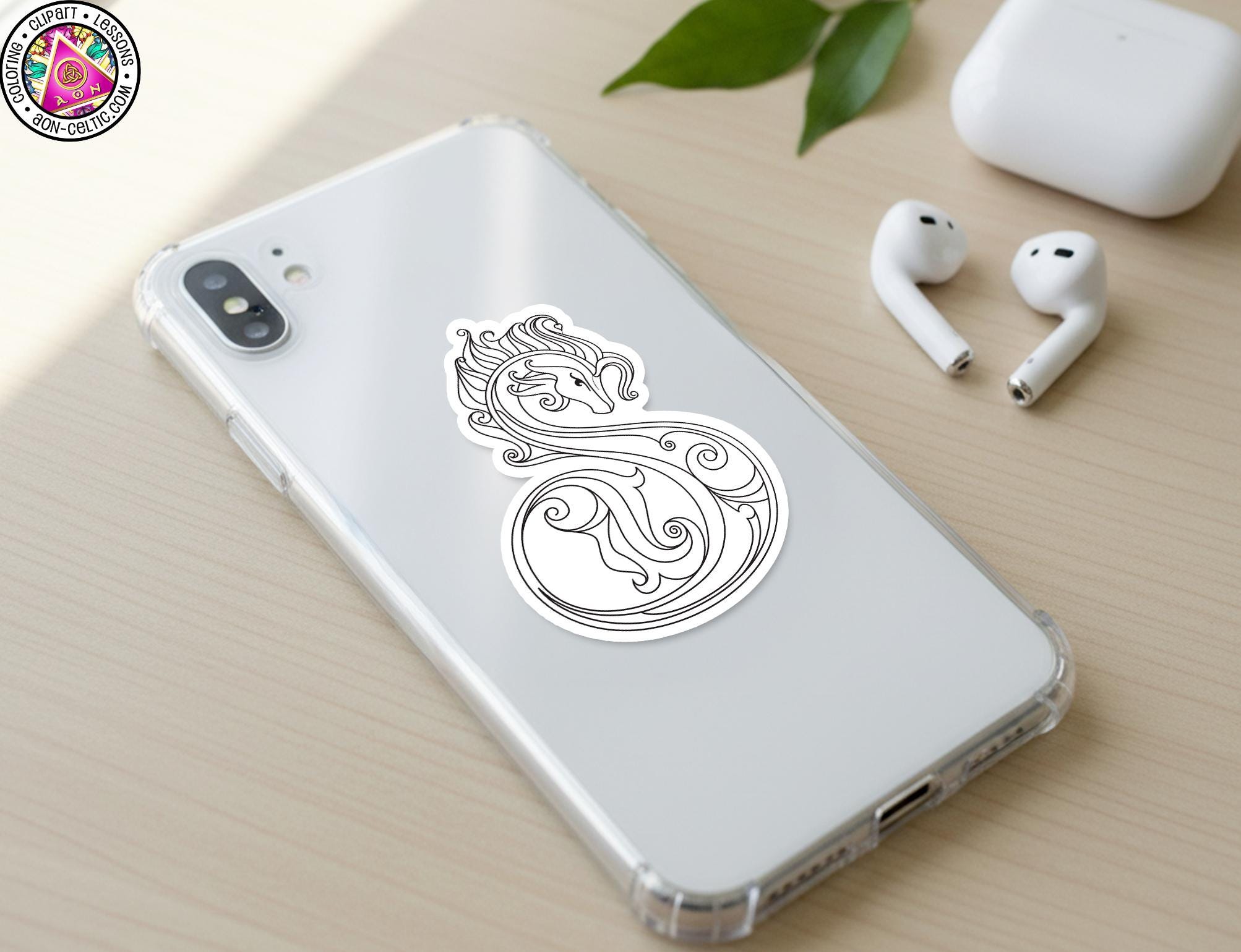 a smartphone with a sticker of a stylized letter "S" on its back cover, along with a pair of earbuds and a white earbud case.