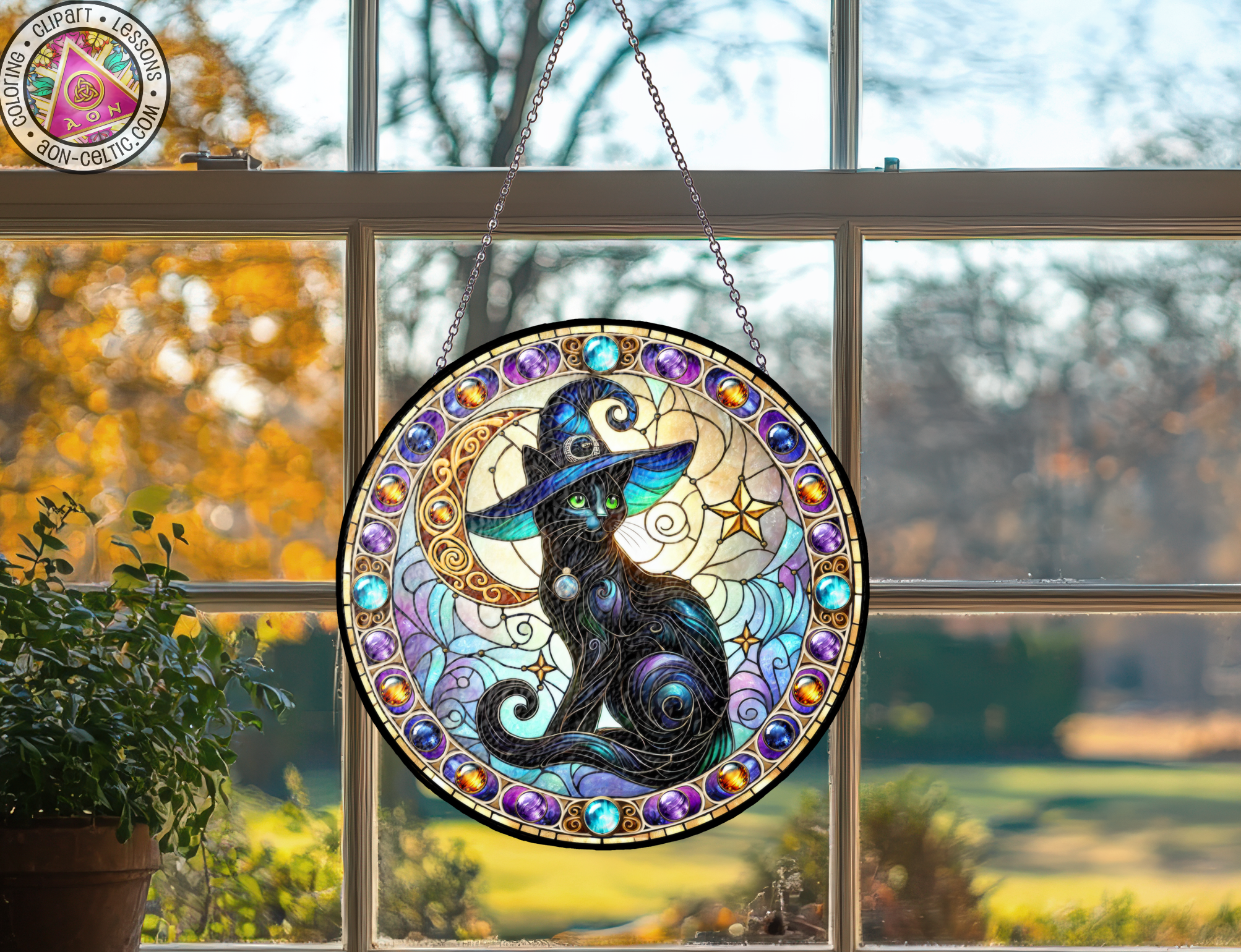 a stained glass window with a cat on it