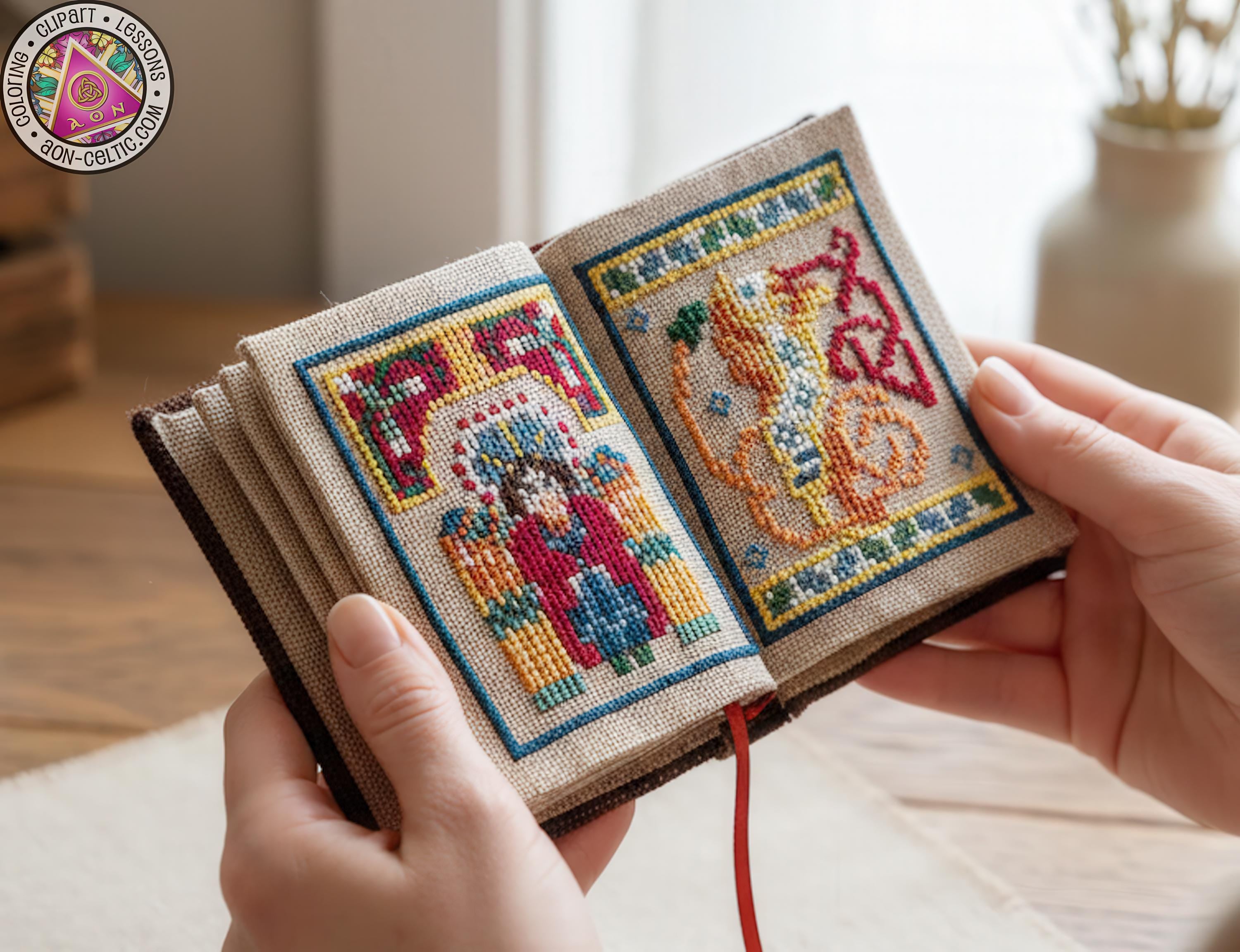 A person's hands holding a small, open book with colorful, embroidered designs on the pages.