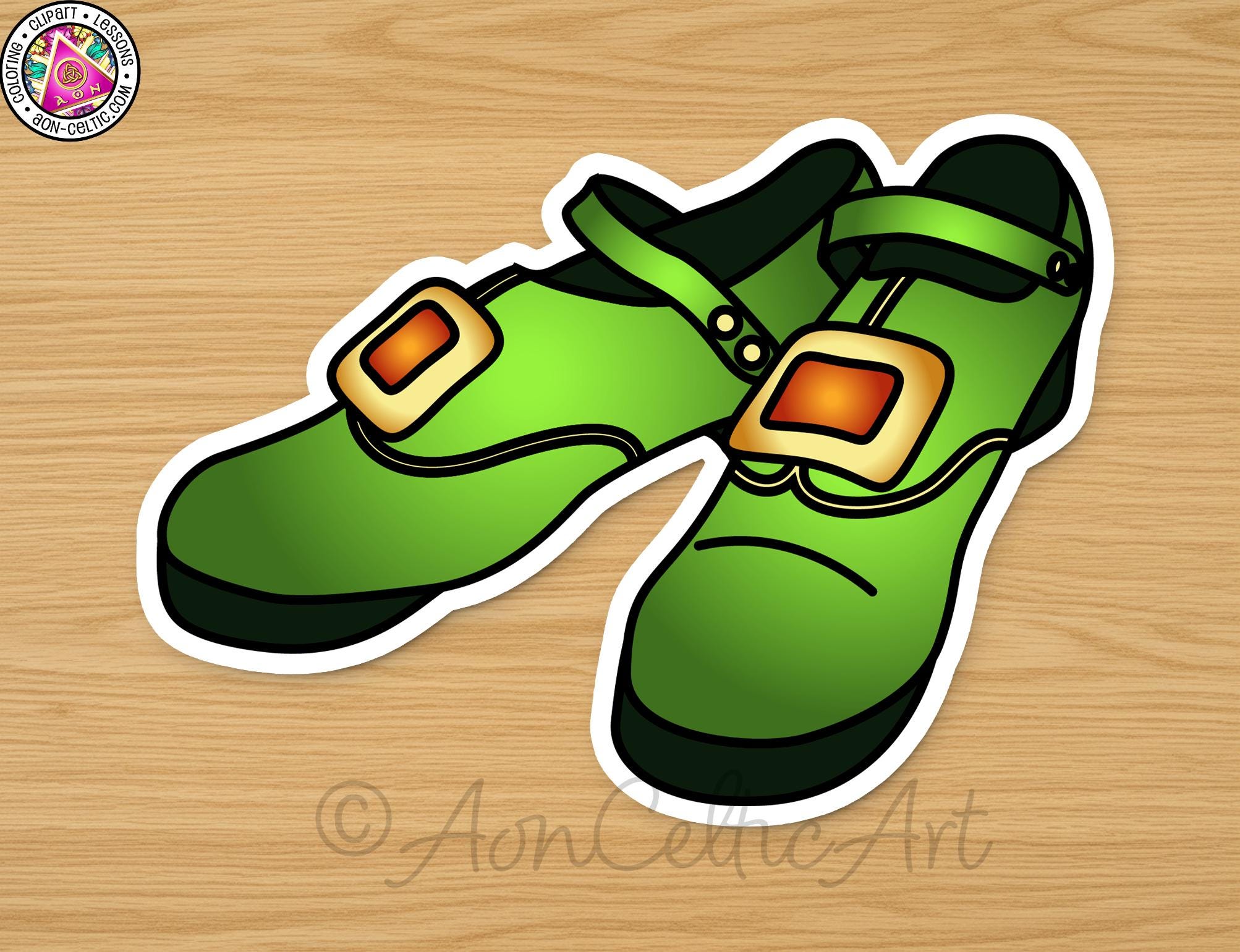 A pair of green shoes with orange accents, depicted on a wooden surface.