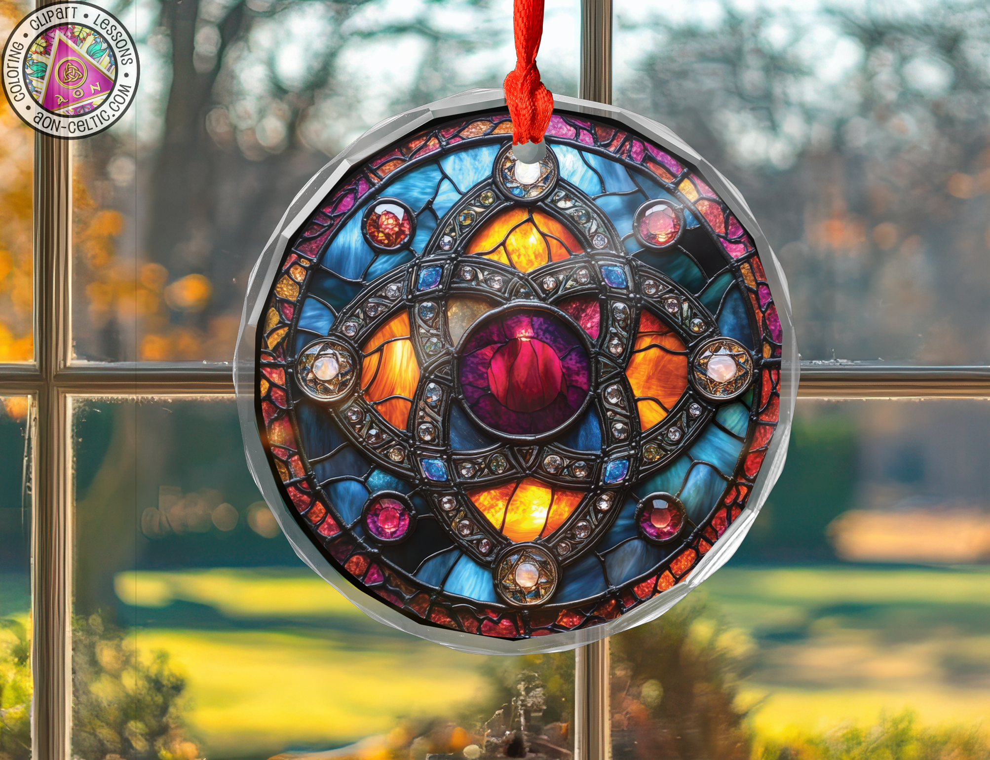 a stained glass sun catcher hanging from a window