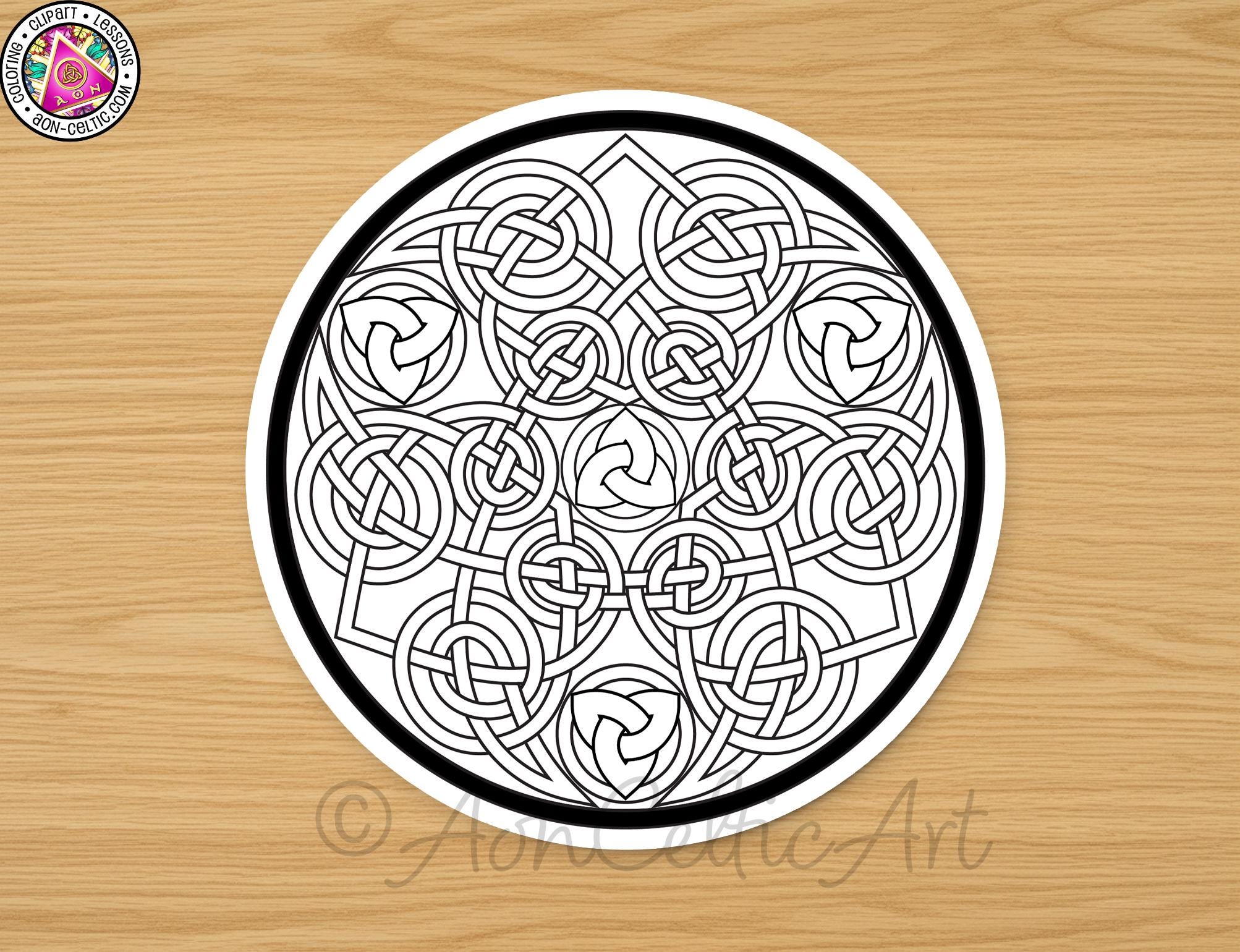 a circular design with intricate black and white patterns, resembling a mandala or a similar Celtic-inspired design.