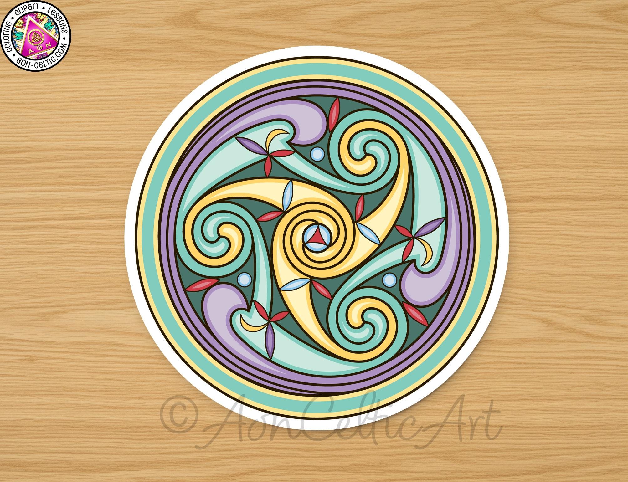 a circular design with a spiral pattern and various colors, including shades of green, purple, and yellow.