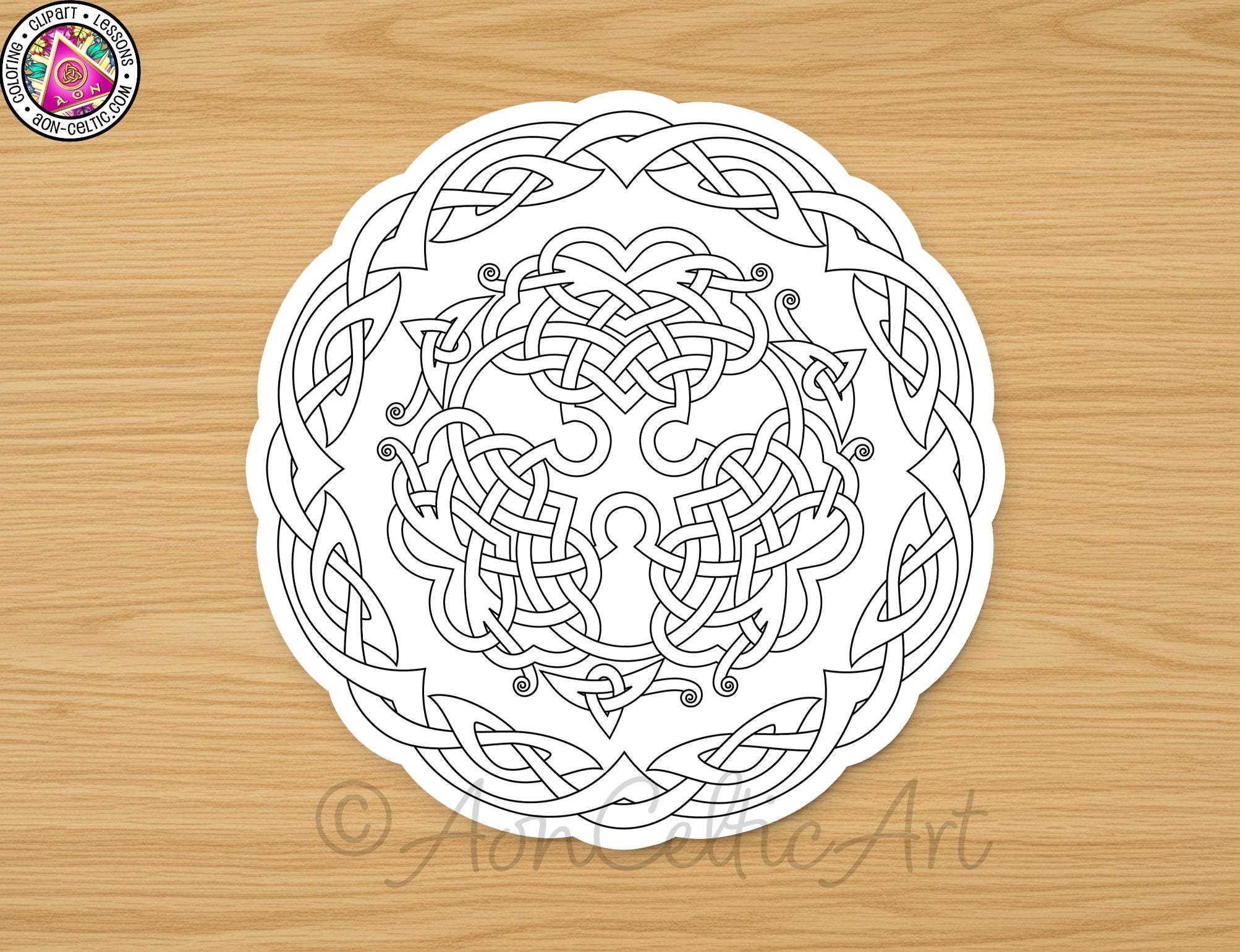 A circular design featuring intricate Celtic knot patterns, which appears to be a coloring page or a drawing.