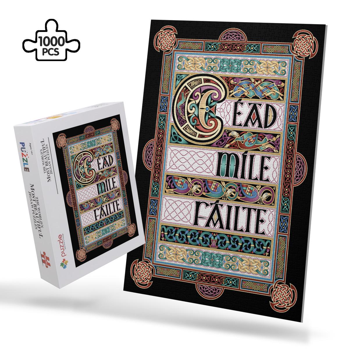 a large, colorful, and intricate Celtic-style design with the text "Cead Míle Fáilte" prominently displayed.