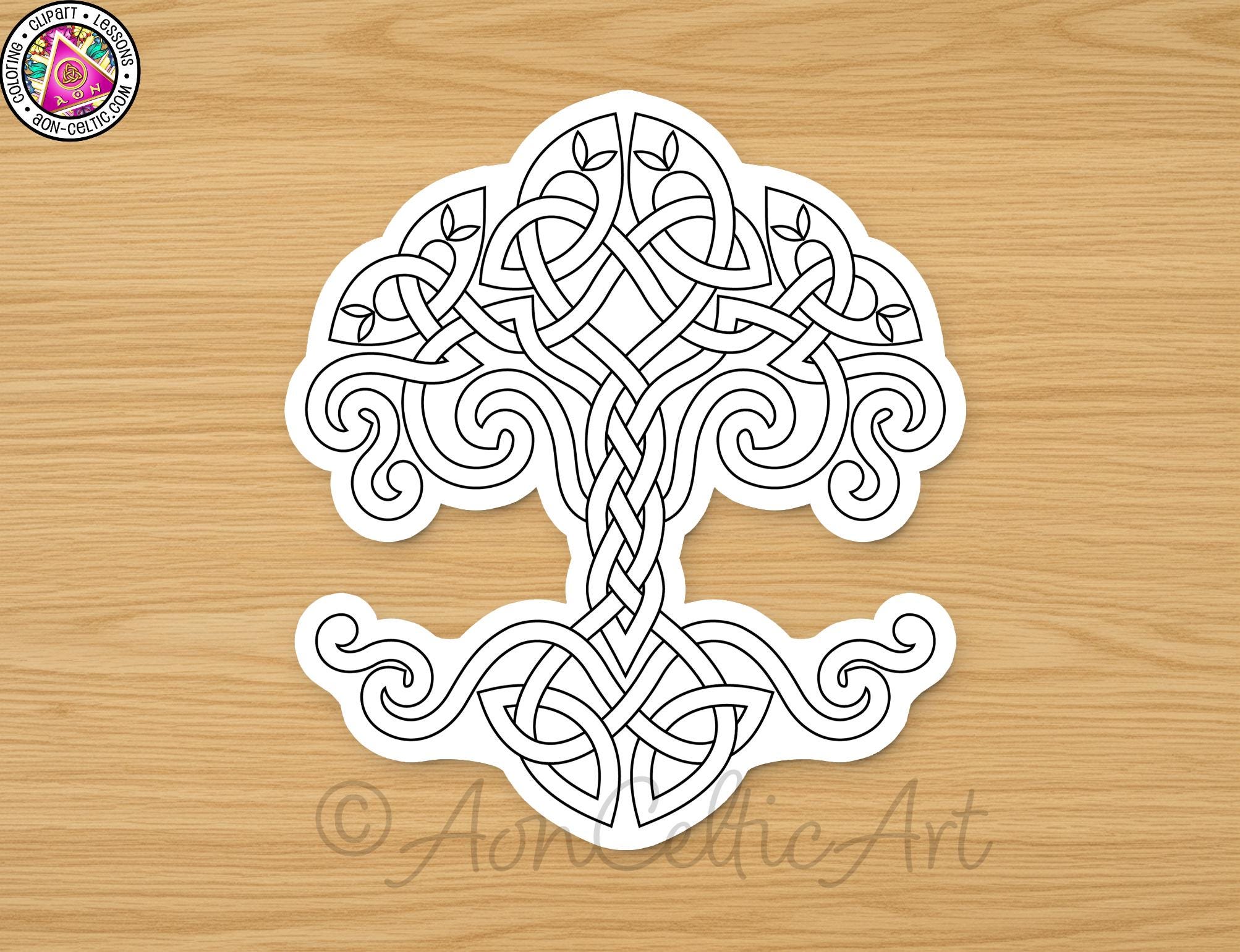 A detailed black and white illustration of a Celtic knot design on a wooden surface.