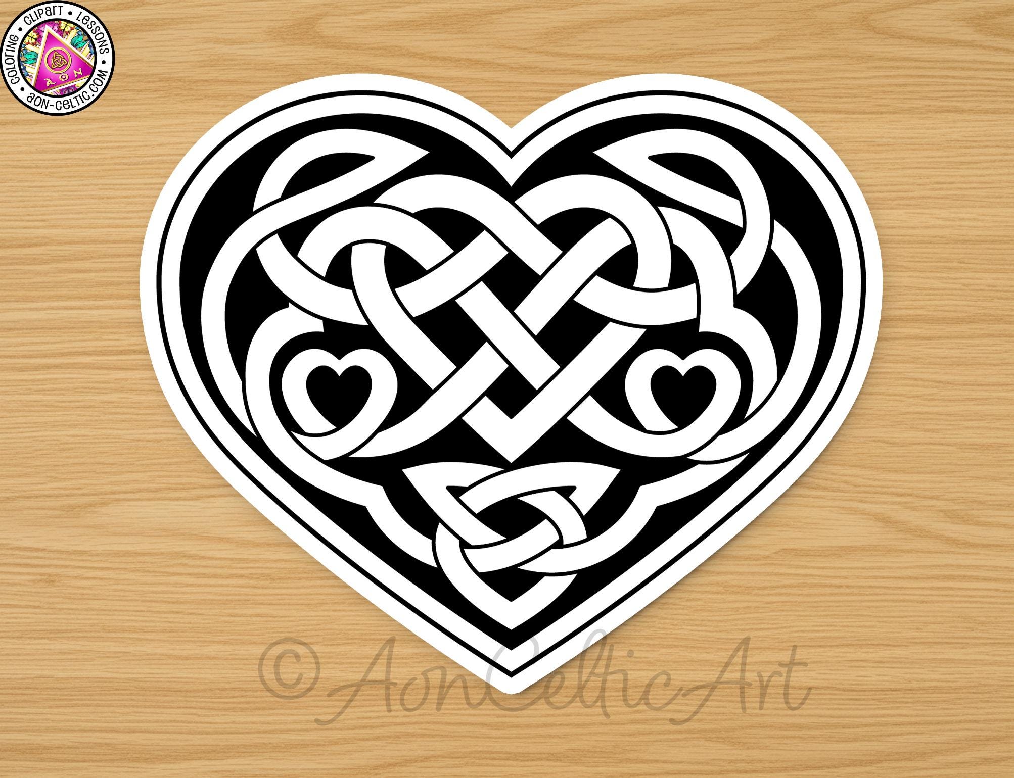 A heart-shaped design with intricate Celtic knot patterns in black and white.