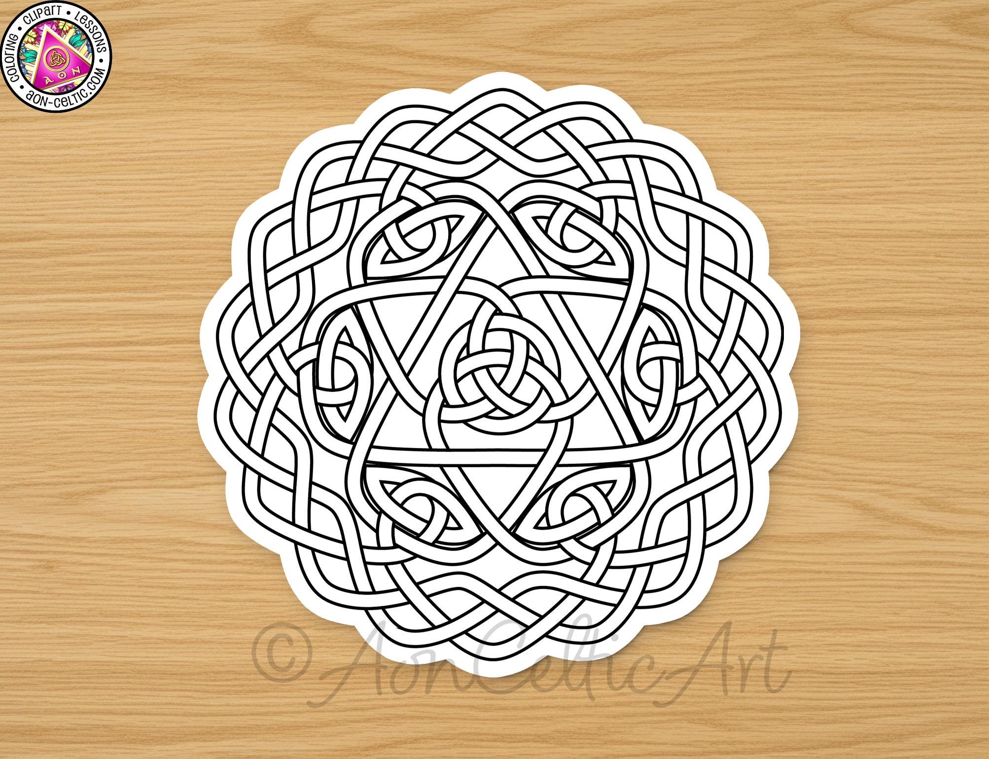 A circular design featuring intricate black and white patterns, resembling a Celtic knot or a similar knot-like pattern.