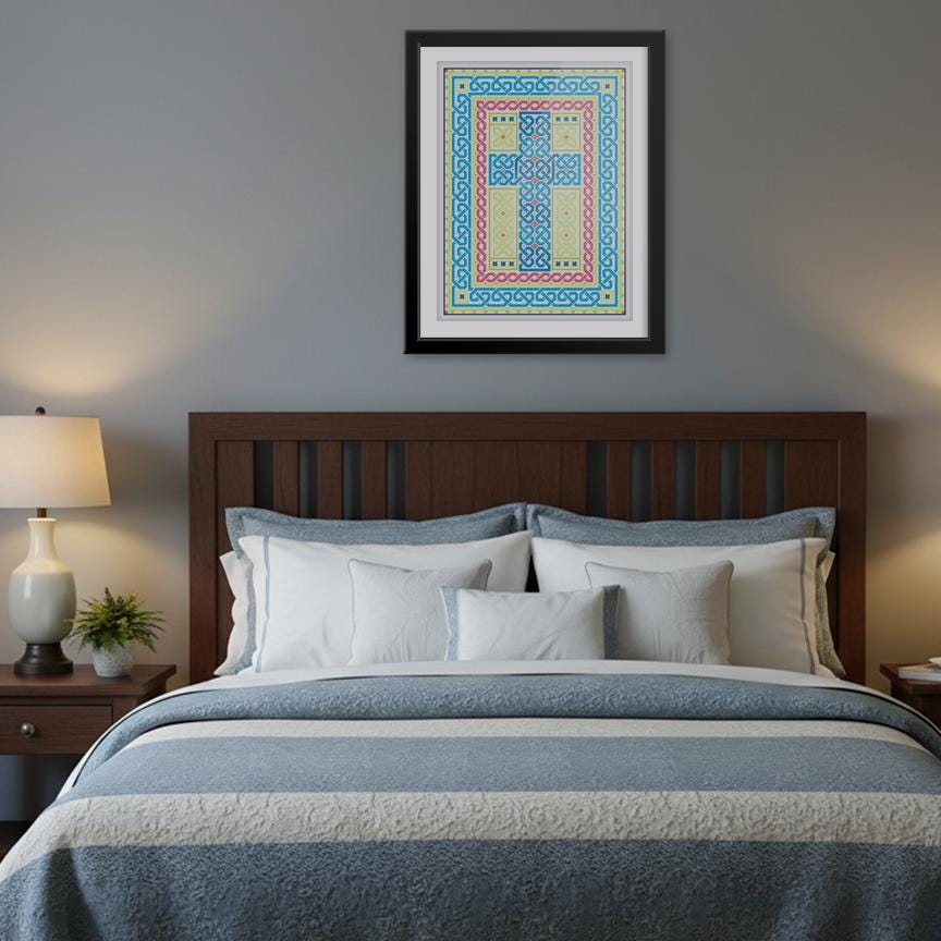 a cozy bedroom with a large bed, wooden headboard, and a framed colorful abstract art piece hanging above it.