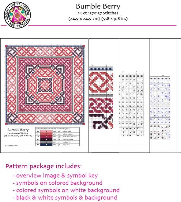 The image is a detailed diagram of a Bumble Berry pattern, including a color key, symbols on colored and white backgrounds, and black and white symbols. The package also includes an overview image and a symbol key, as well as symbols on colored backgrounds and colored symbols on white backgrounds.