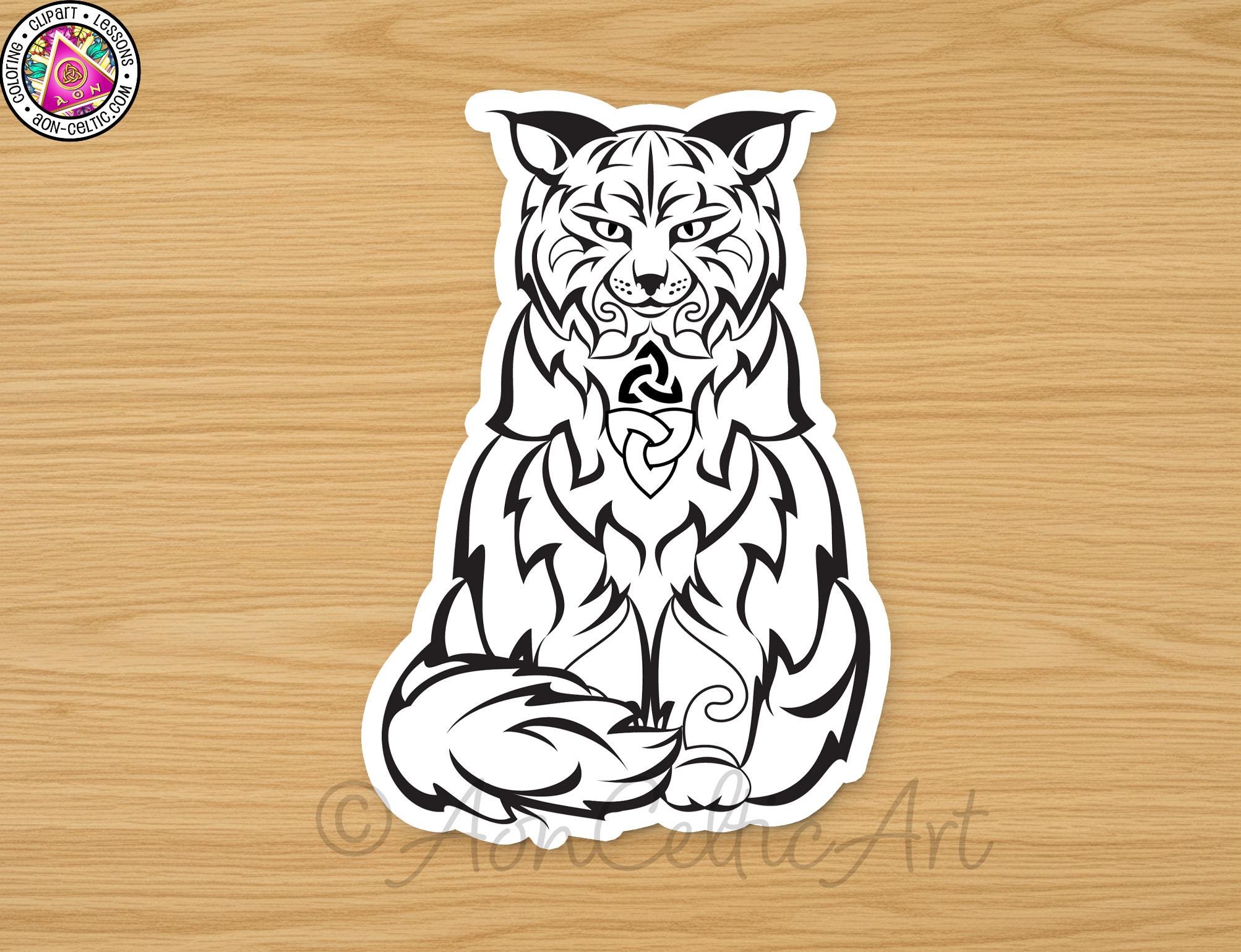 A stylized black and white illustration of a cat with intricate, tribal-inspired patterns and designs.