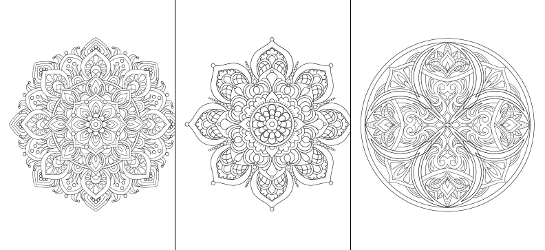 three intricate mandala designs, each with a unique and elaborate pattern. The mandala designs are arranged in a row, showcasing the artist's skill and creativity in creating these visually appealing and detailed patterns.