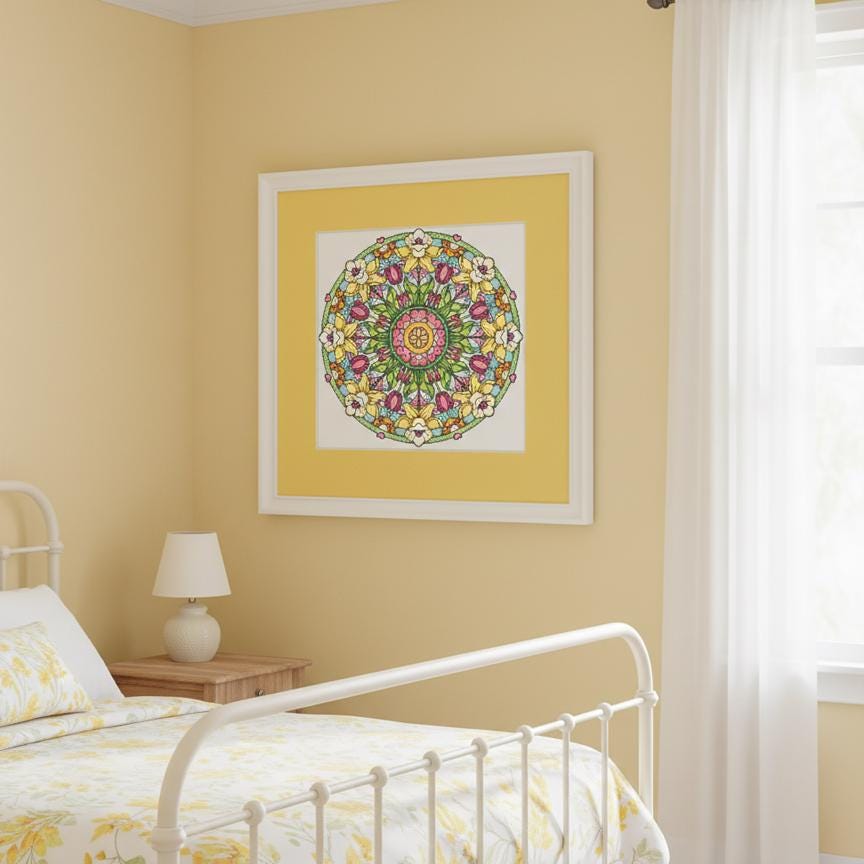 a bedroom with a bed, a nightstand, and a framed mandala artwork on the wall.