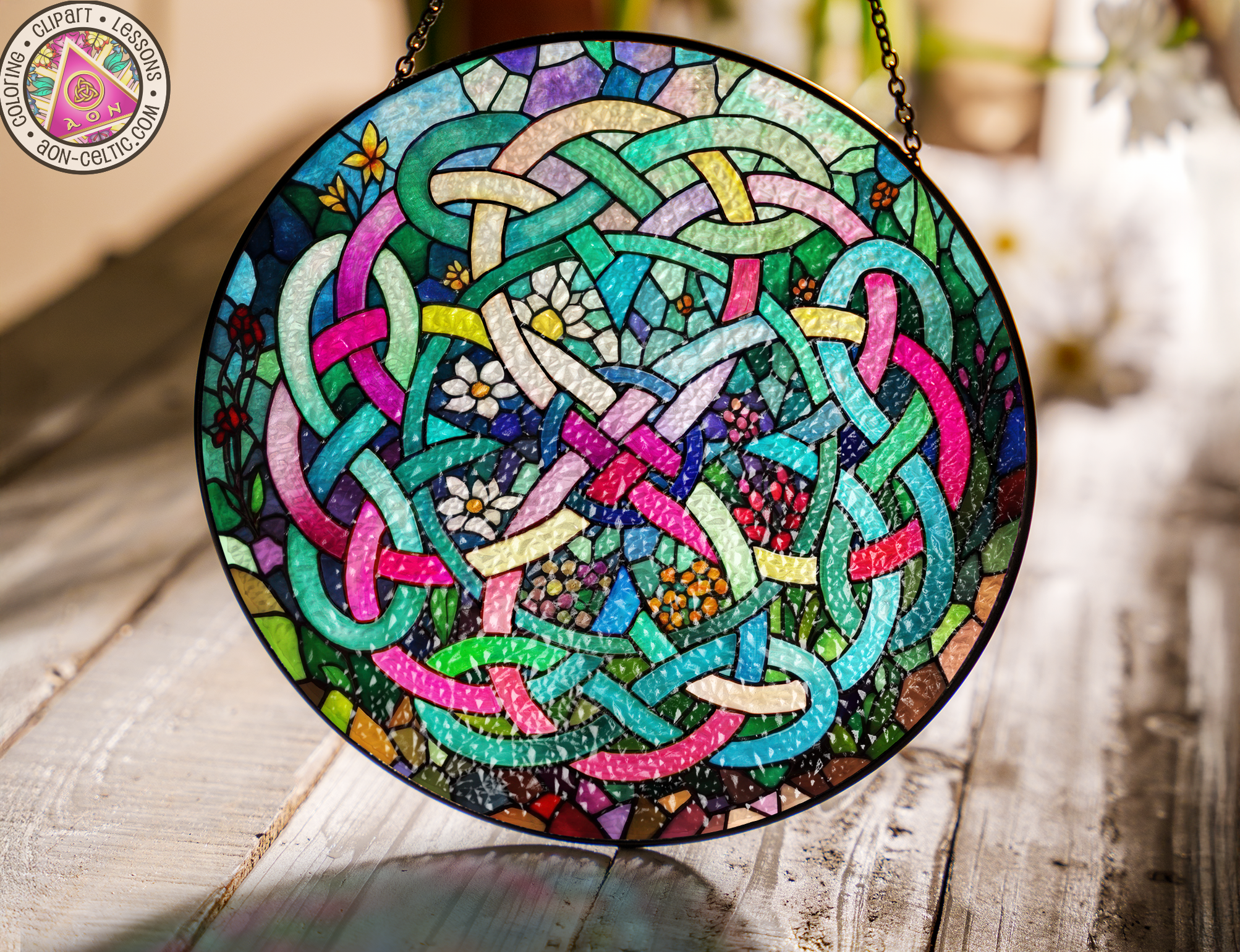 a stained glass plate hanging on a chain