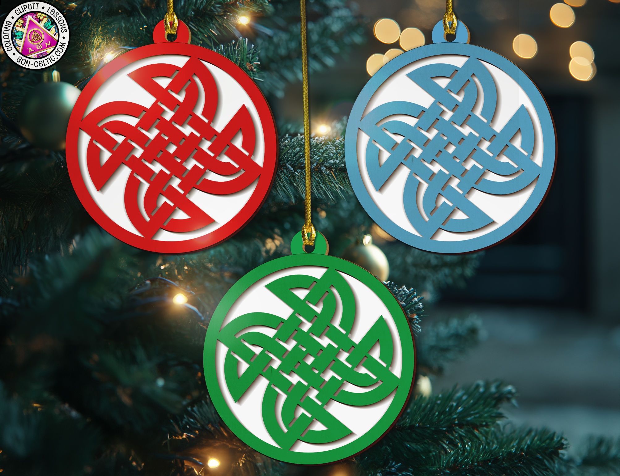 a close up of three ornaments on a christmas tree