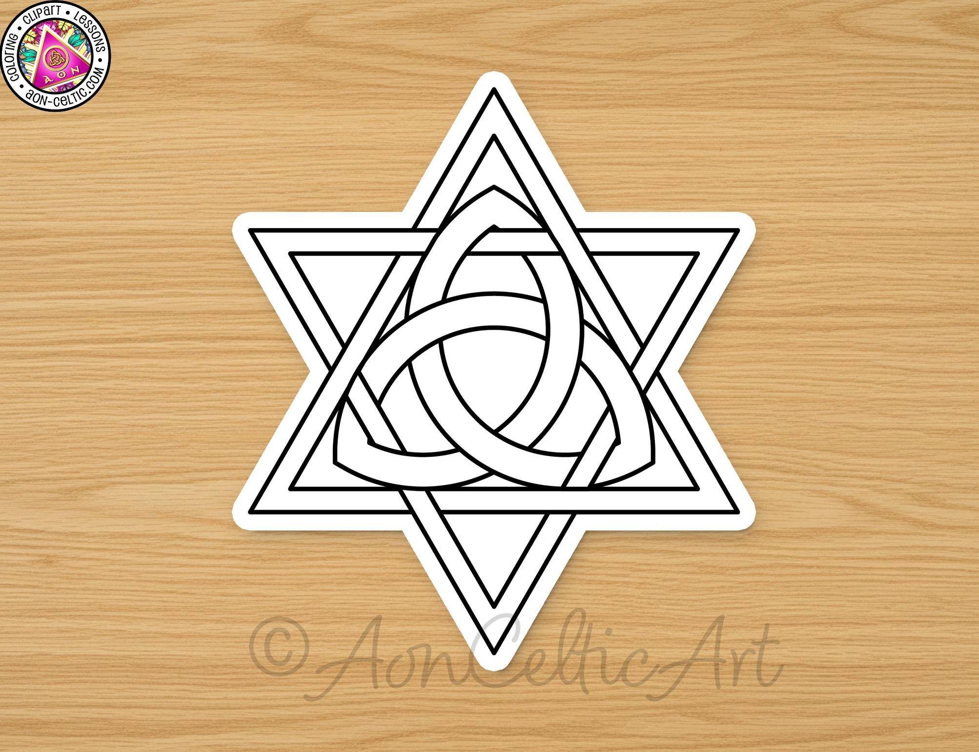 A sticker depicting a black and white triangle with a knot in the center, resembling a Star of David or a similar symbol.