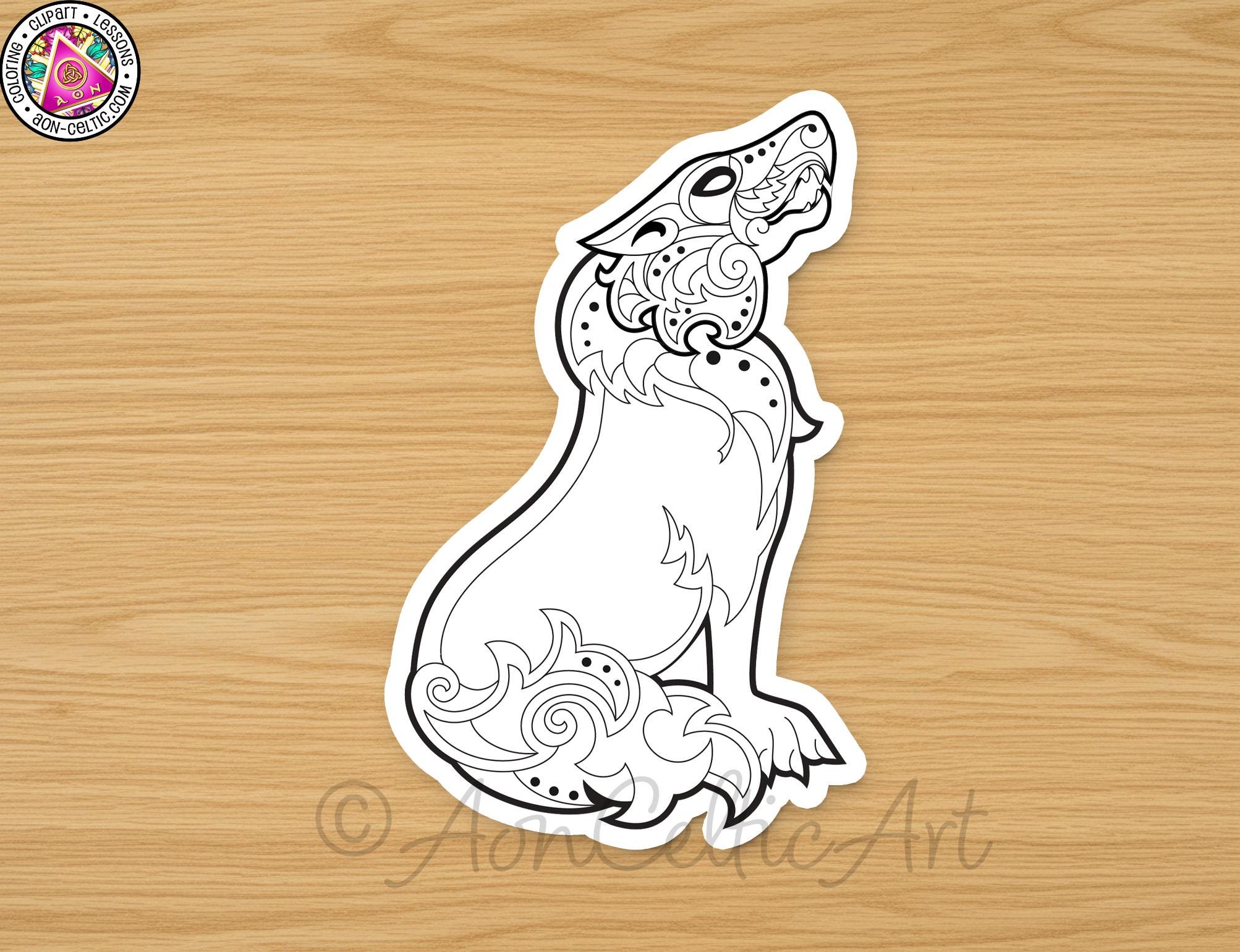 A sticker depicting a stylized wolf or wolf-like creature with intricate, swirling patterns and designs.