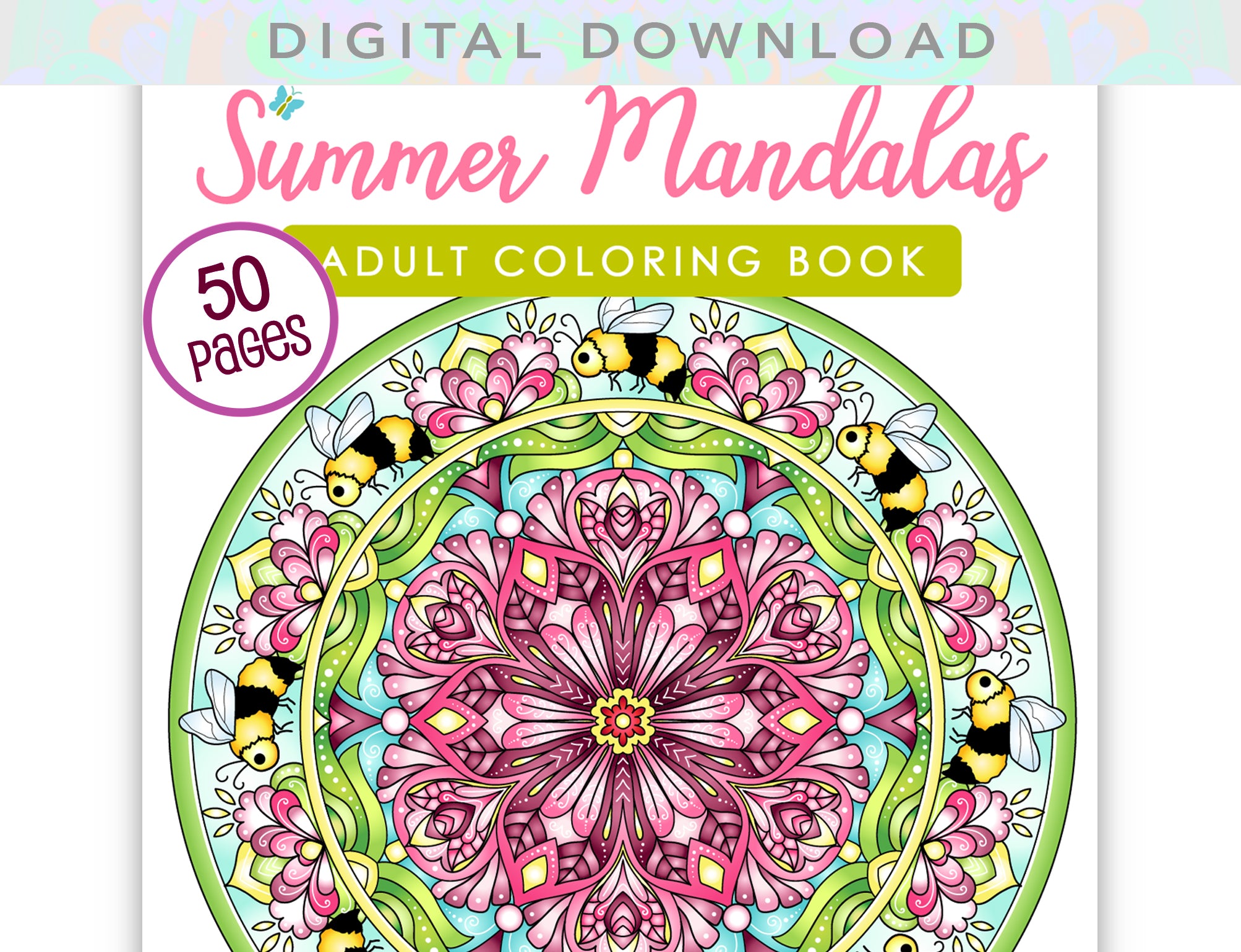 The image is an adult coloring book cover for "Summer Mandalas" featuring a large mandala design with intricate floral and bee patterns in various colors.