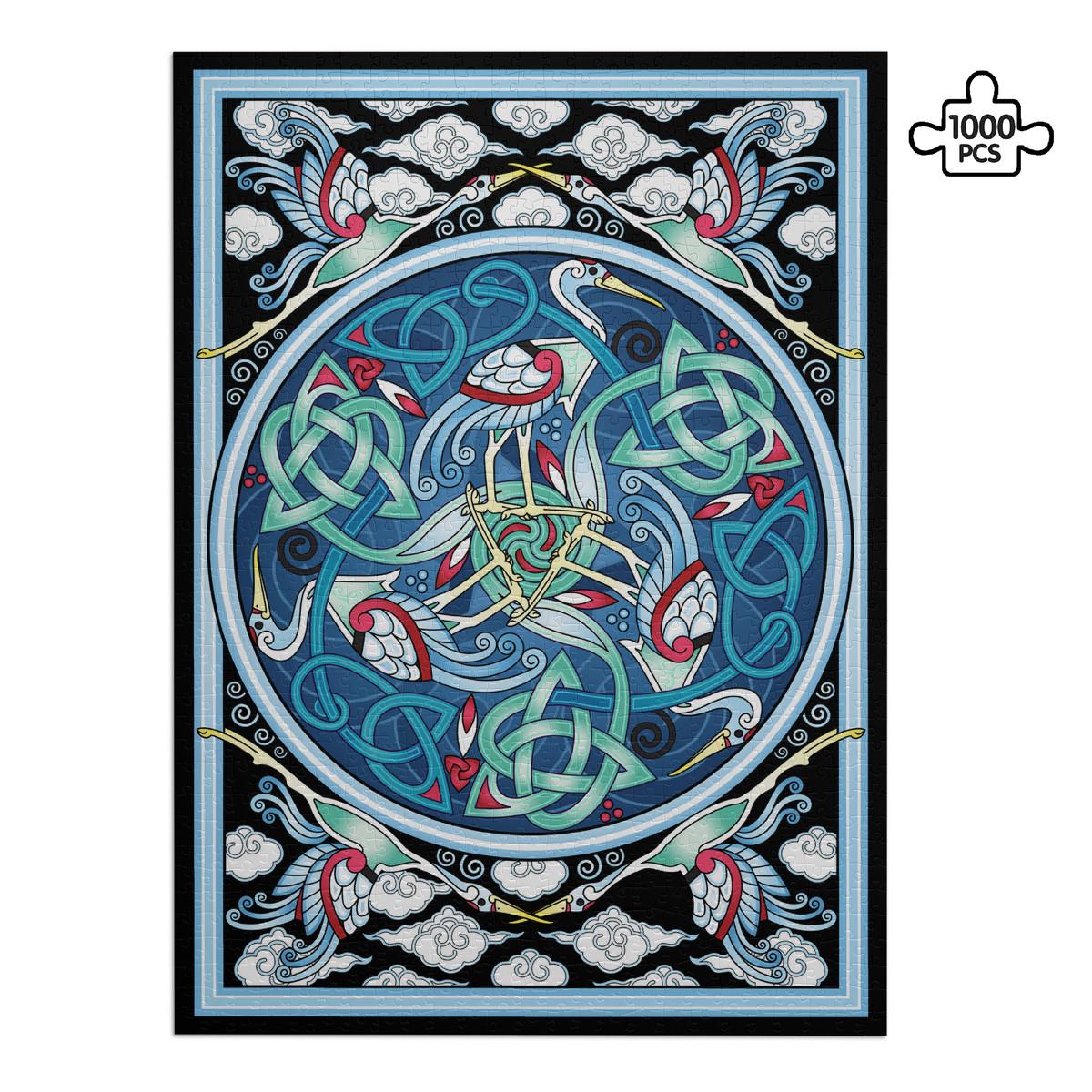 The image is a colorful and intricate Celtic-inspired puzzle depicting a circular design with swirling patterns, birds, and other elements in shades of blue, green, and red.