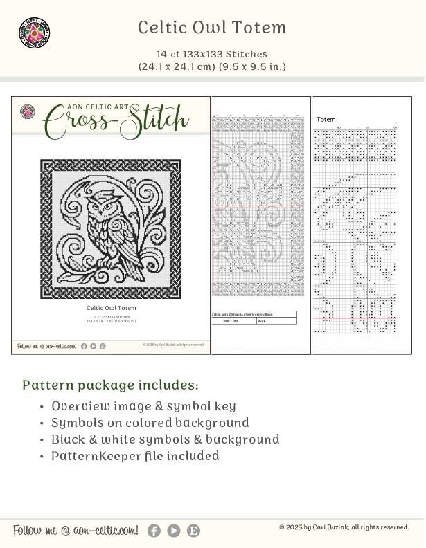 The image is a cross-stitch pattern featuring a Celtic owl motif. The owl is depicted in a stylized, intricate design with swirling patterns and a black and white color scheme. The background is a black and white color, providing a stark contrast to the owl's dark feathers. The pattern package includes a detailed overview image and a symbol key, as well as symbols on a colored background, black and white symbols, and a patternkeeper file.
