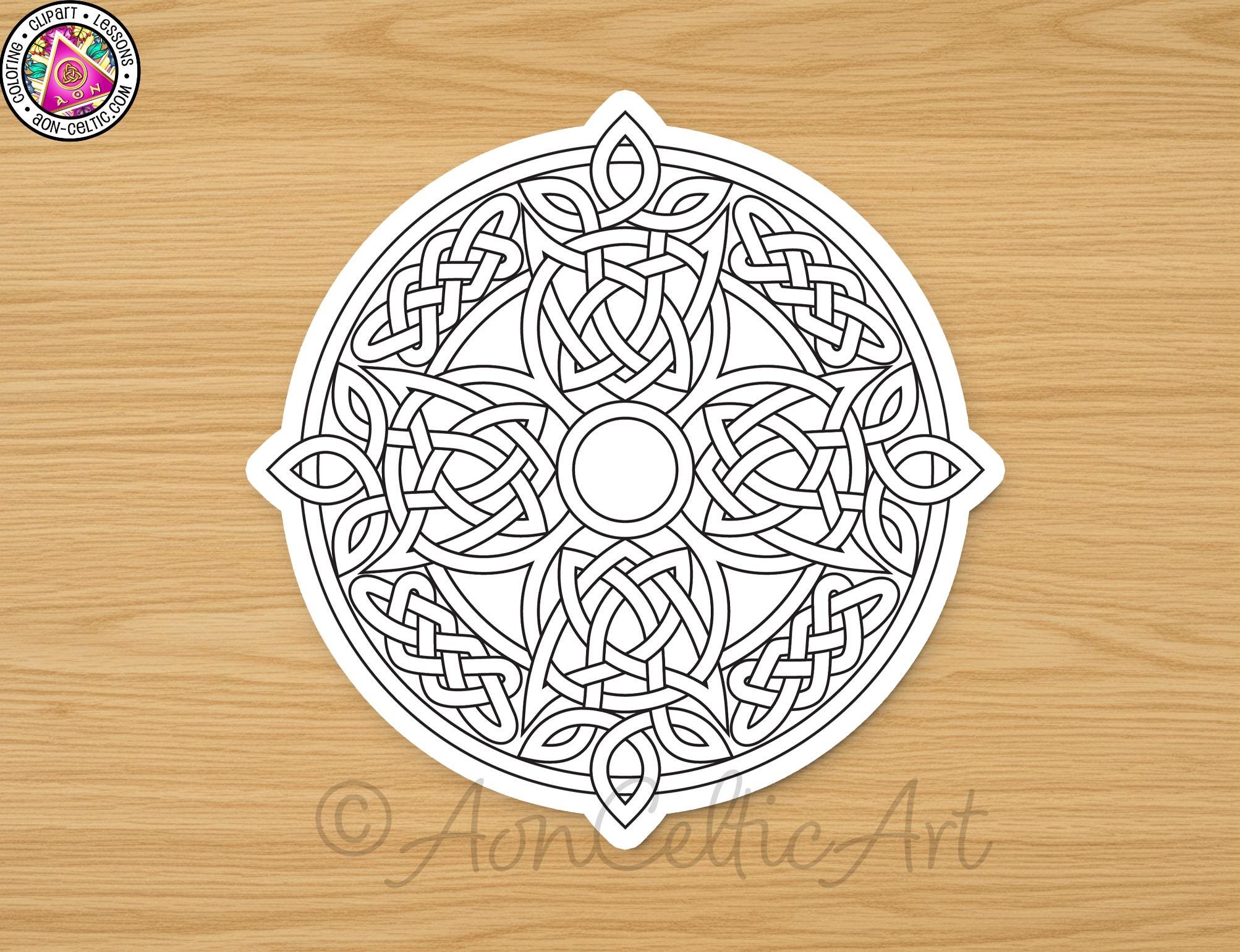 A detailed circular design featuring intricate Celtic knot patterns, which appears to be a coloring page or stencil for coloring.