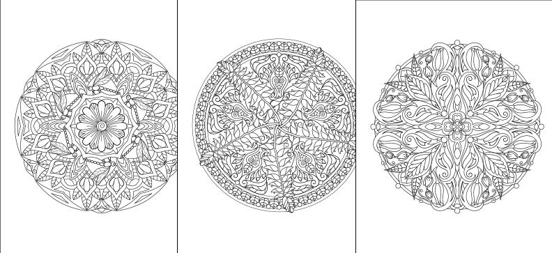 three coloring pages of different shapes and sizes