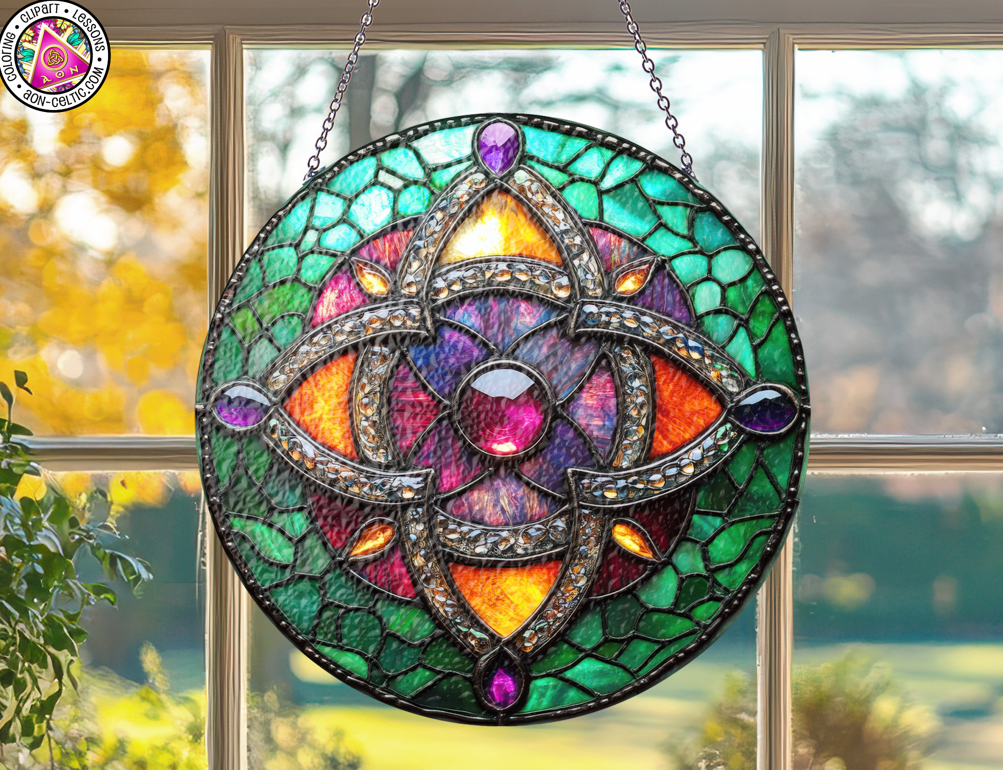 a stained glass sun catcher hanging from a window