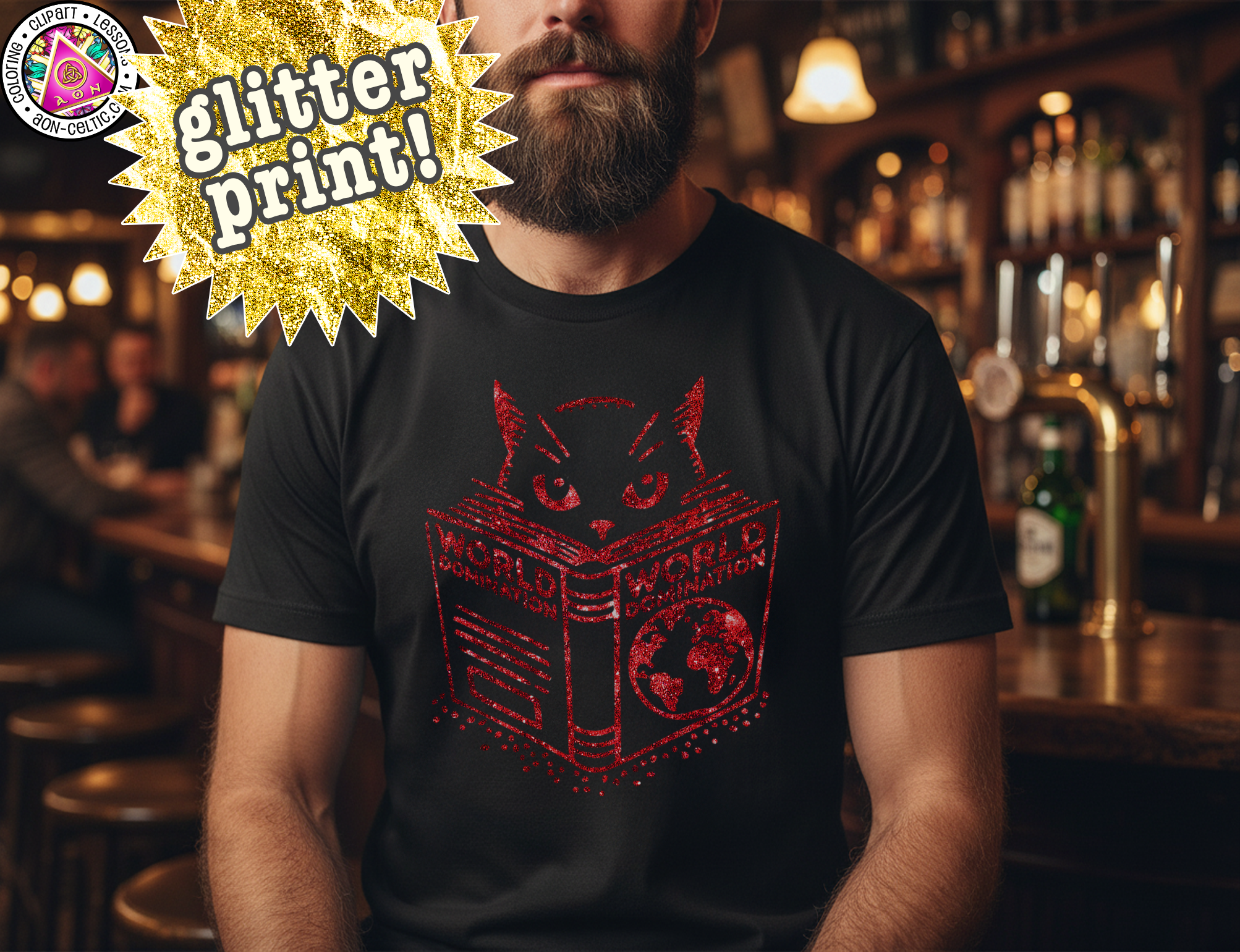 A man wearing a black t-shirt with a red graphic design of a cat's face reading "WORLD" printed on it, standing in a bar setting.