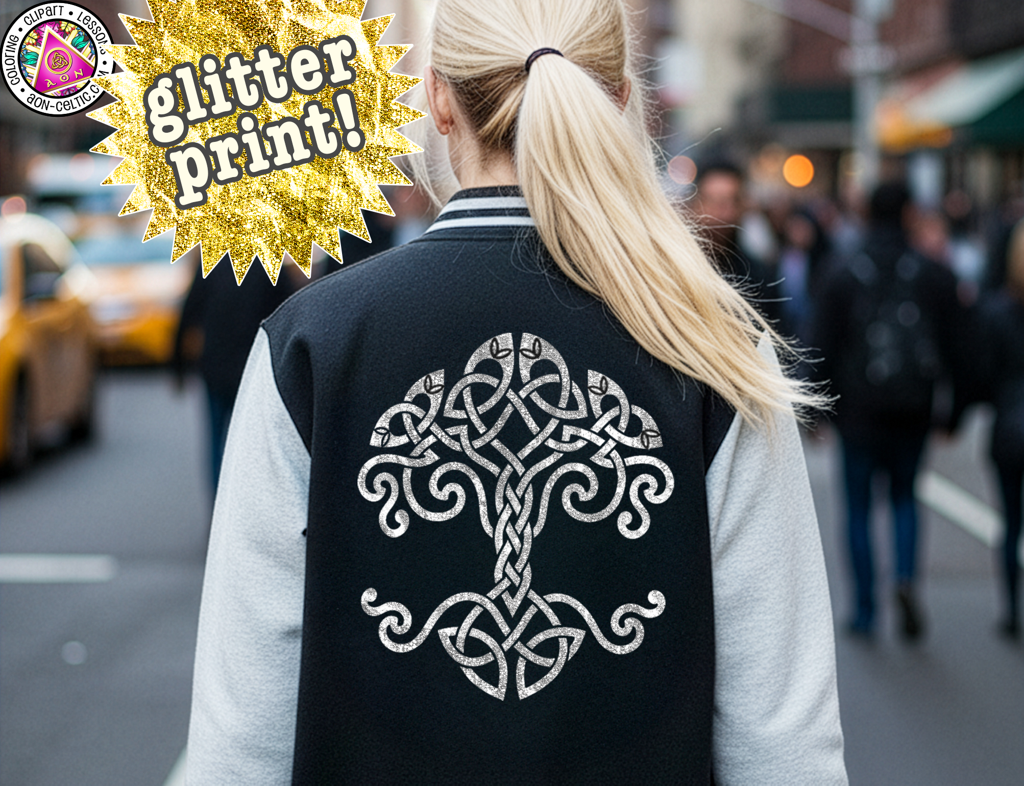 A person wearing a black and white jacket with a tree design on the back, walking on a city street.